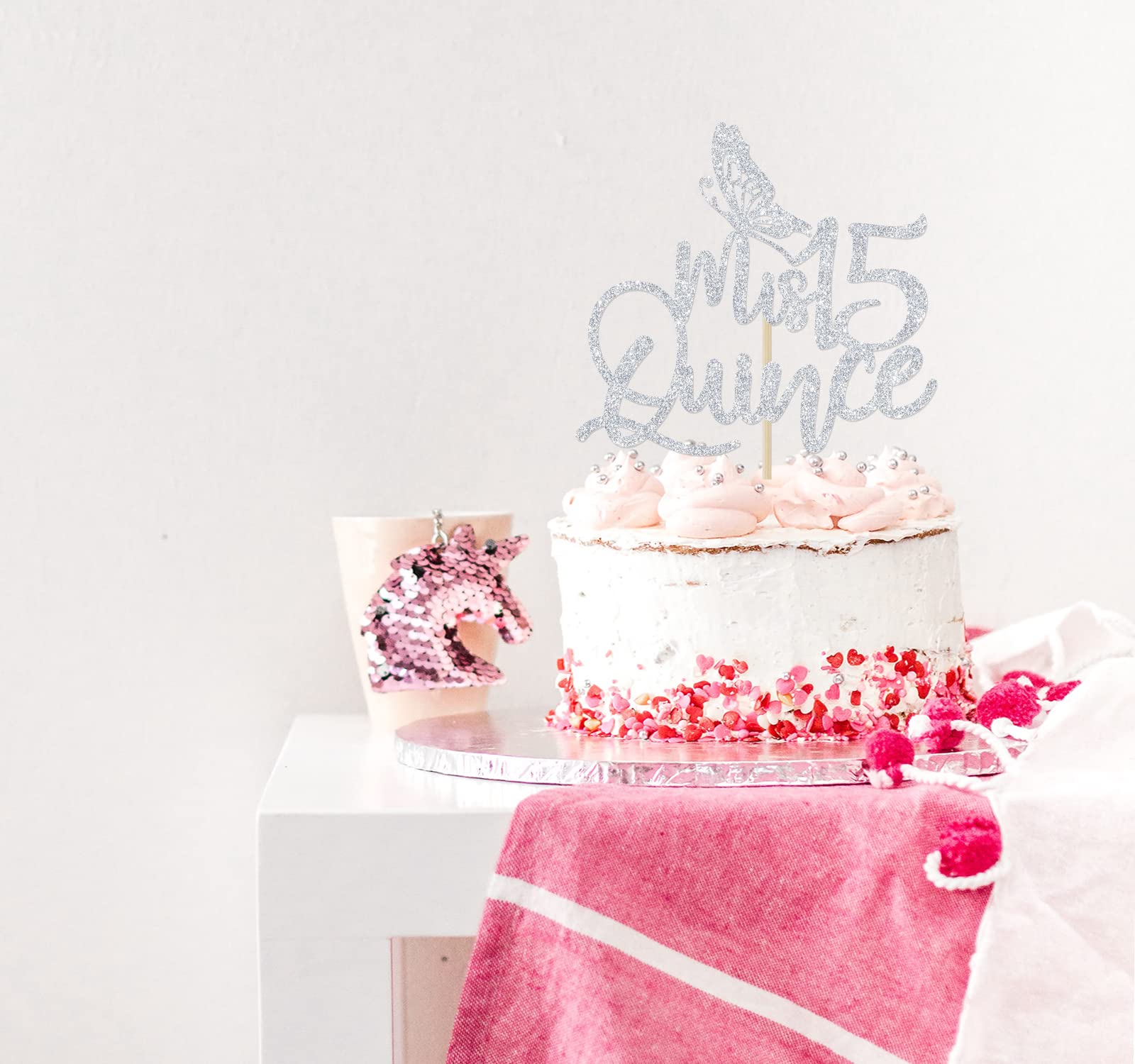 Silver Glitter Quinceañera Cake Topper - 15th Birthday Party Decorations, Happy 15th Birthday (Feliz 15 Años) - Cheers to 15 Years Celebration Supplies for Sweet 16, Quinceañera, and Milestone Birthday Parties