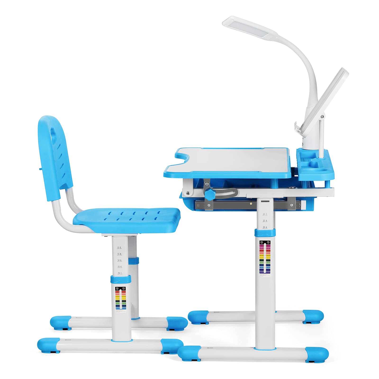 **JYOSTORE Adjustable Kids Study Desk and Chair Set with LED Light, Book Stand, Storage Drawer & Metal Hook - Ergonomic Height-Adjustable Children's Desk for Boys & Girls (Sky Blue) - Perfect for Homework, Reading & Online Learning**