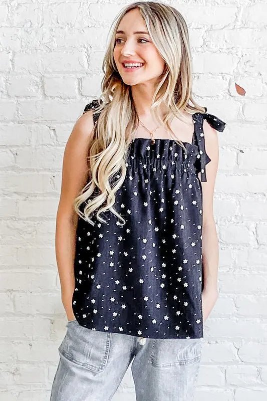 Women's Polka Dot Print Ruffle Tank Top - Floral Daisy Design - Casual Summer Blouse for Beach, Party & Everyday Wear