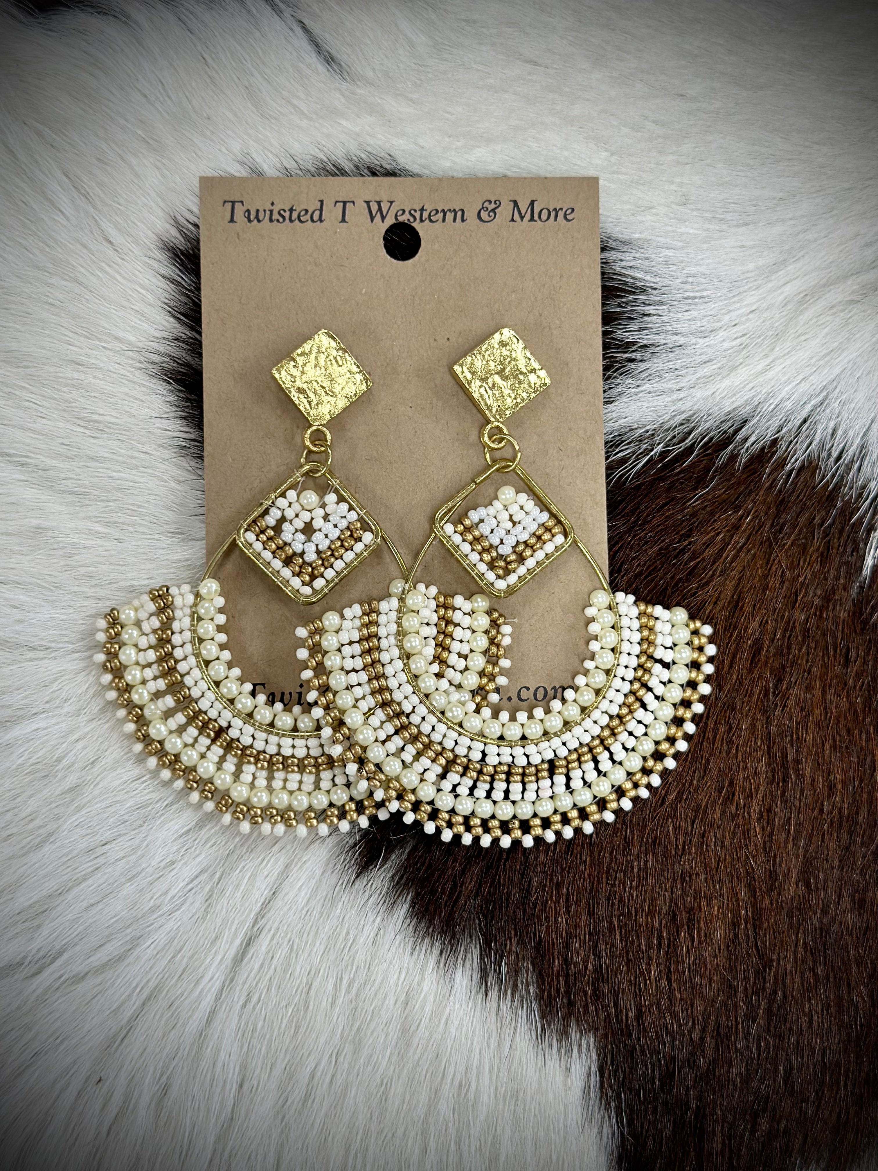 Elegant Gold and White Beaded Earrings for Women - Handmade Boho Chic Jewelry - Perfect for Weddings, Parties & Everyday Wear