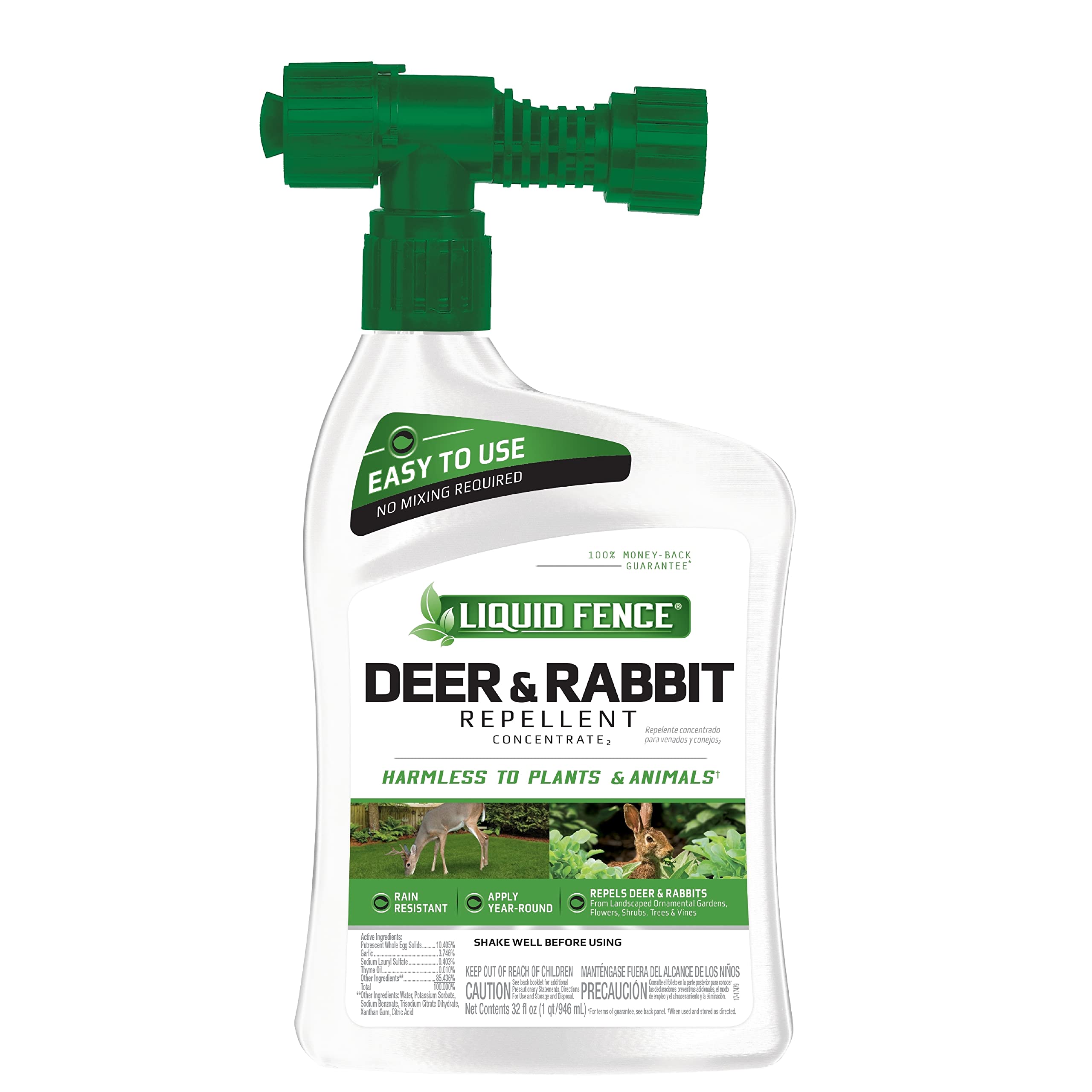 Liquid Fence Deer and Rabbit Repellent Concentrate - 32 oz Hose-End Sprayer - Natural Animal Repellent for Gardens, Lawns, and Landscapes - Protect Plants from Deer, Rabbits, and Other Pests