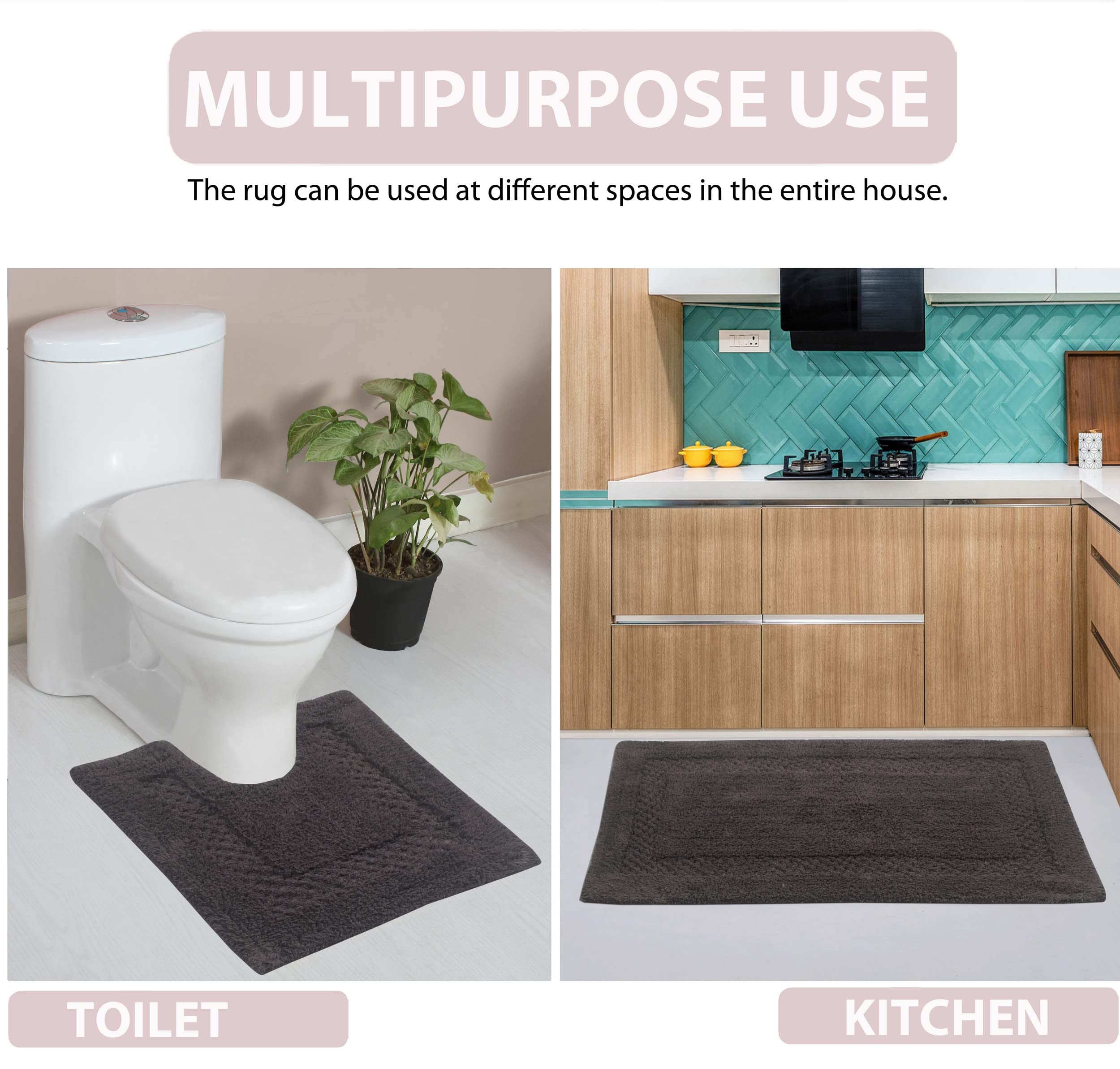 Premium 100% Cotton Bathroom Rug Set - Ultra Soft & Absorbent Non-Slip Bath Mat, Washable Contour Bathroom Floor Mats for Shower & Tub (3-Piece Set, Gray) - Perfect for Bathrooms, Kitchens & Laundry Rooms