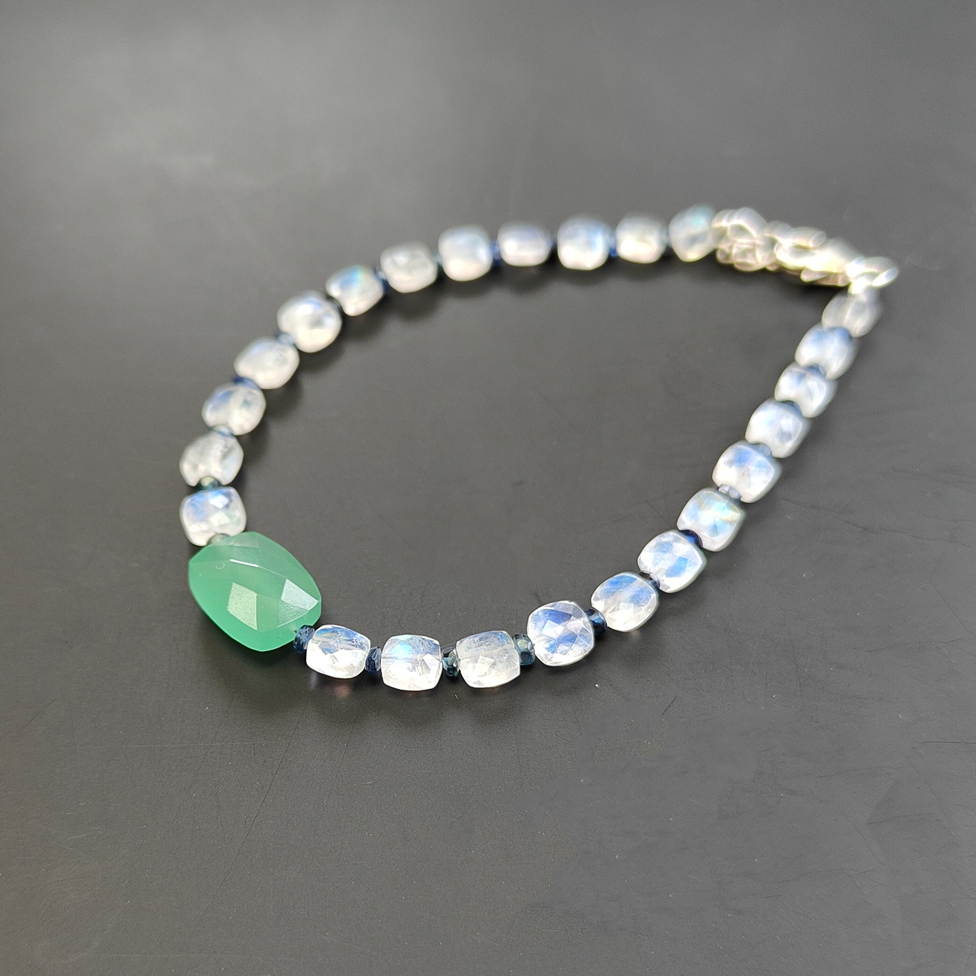 Green Quartz Rainbow Moonstone Blue Sapphire 925 Sterling Silver Beaded Bracelet - 3.56gms Briolette Checker Cut Gemstone Jewelry for Women | Perfect for Boho Style, Wedding Accessories & Gift Giving
