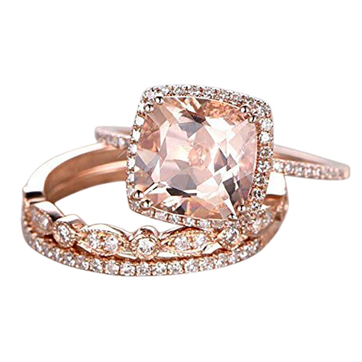 2 Carat Morganite & Diamond Trio Wedding Ring Set in 18K Gold Plating – Elegant Bridal Jewelry for Engagement, Anniversary & Special Occasions