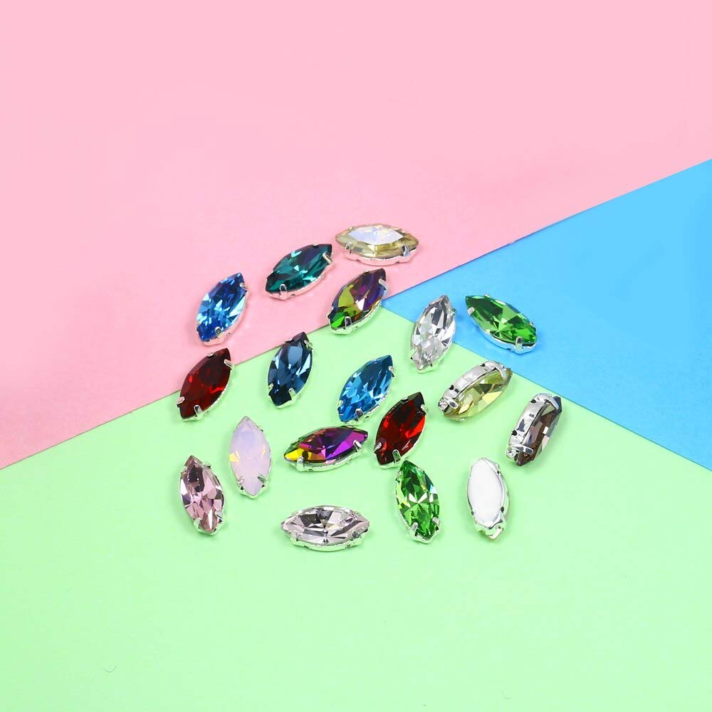 Crystal Leaf Sew-On Rhinestones - Silver Claw Marquise Glass Strass Appliques for Clothing (Mix Colors 7-15mm, 30pcs) | Perfect for DIY Fashion, Costume Design & Embellishing Dresses