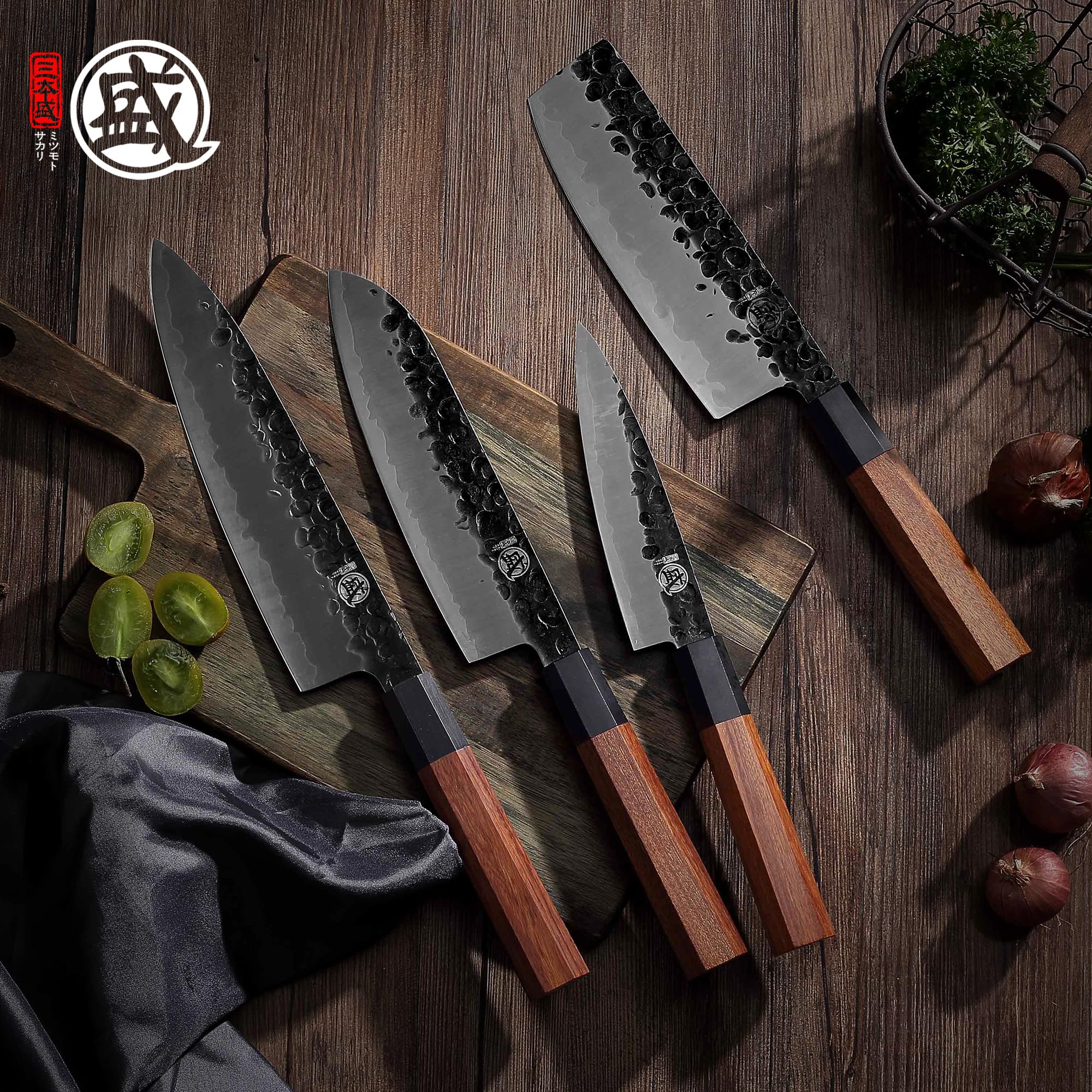 Premium Japanese Chef Knife Set 4 Pcs - Hand Forged High Carbon Steel Kitchen Knives with Rosewood Handle & Sandalwood Gift Box - Ultra Sharp Professional Cooking Knives for Sushi, Meat Cutting & Vegetable Prep