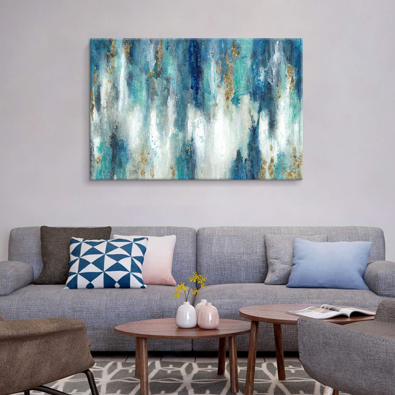 Abstract Blue and Gold Canvas Wall Art Set - Modern Oil Painting Wall Decor for Bedroom, Living Room, Bathroom - 45'' x 30'' Single Panel - Perfect for Home Office, Dorm Room & Interior Design