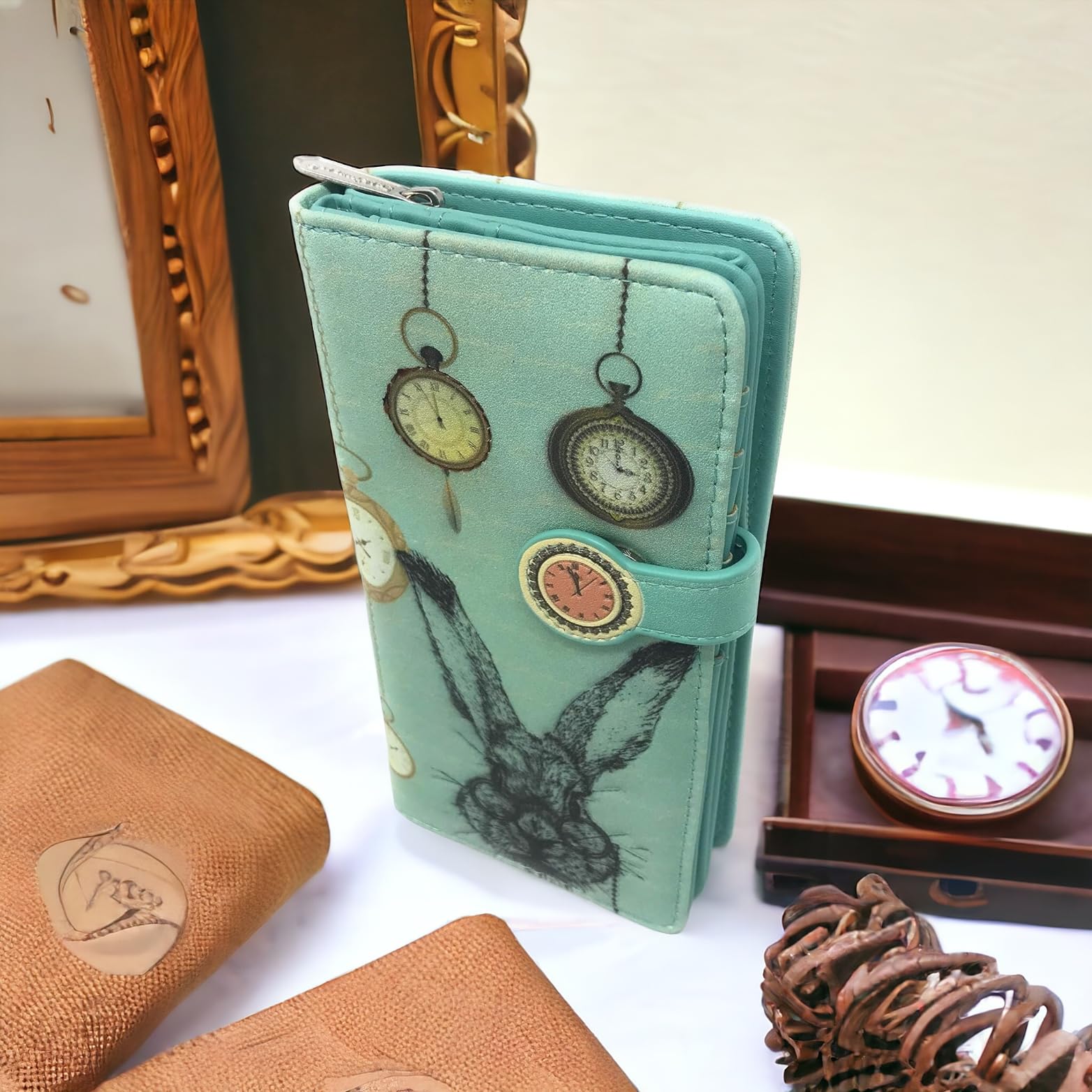 Vintage Mint Green Rabbit Pocket Watch Wallet for Women & Teens - Large 7