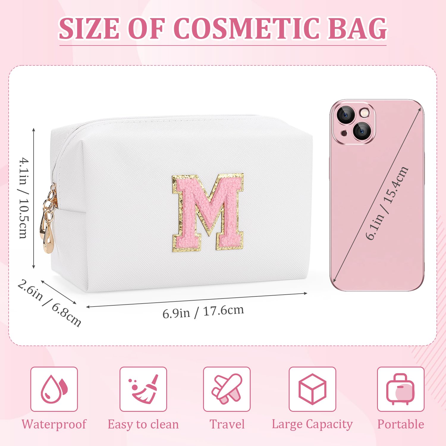 Personalized Initial Letter Makeup Bag for Women - Cute Waterproof PU Leather Cosmetic Bag, Travel Toiletry Organizer with Zipper (A, White) - Perfect for Travel, Gym & Daily Makeup Storage