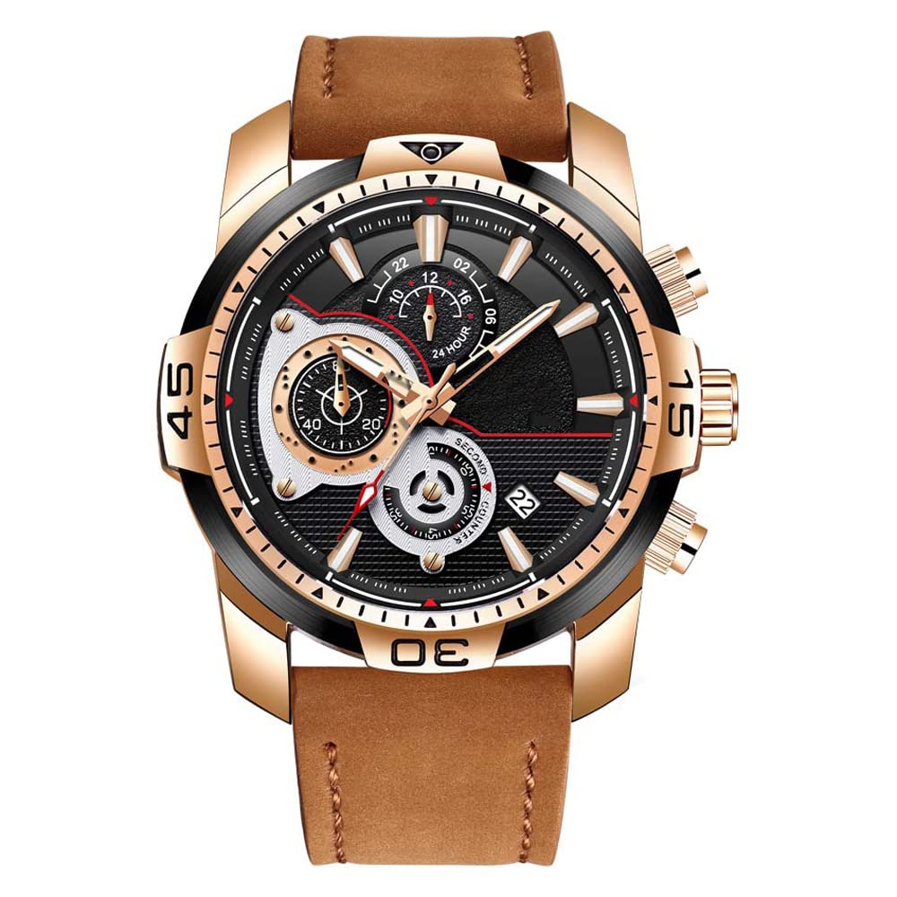 Mengbi Men's Sports Casual Watch - Luminous Water Resistant Analog Quartz Watch with Digital Calendar Chronograph - Large Round Dial Leather Dress Watch for Business, Outdoor & Everyday Wear