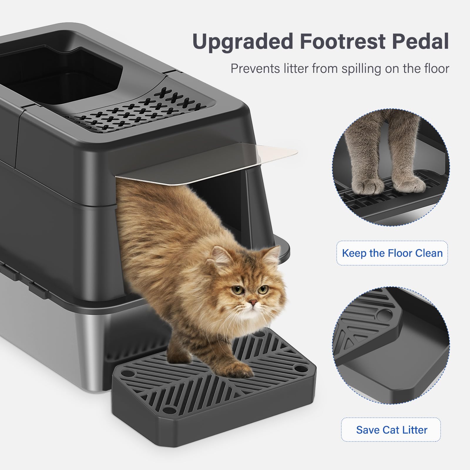 Extra Large Stainless Steel Cat Litter Box with Lid - XL Enclosed High-Sided Litter Pan for Big Cats | 110° Flip Cover, Top Entry Design, Anti-Leak Metal Litter Box Includes Pedal & Scoop (Black) | Perfect for Large Breed Cats, Multi-Cat Homes & Odor Control