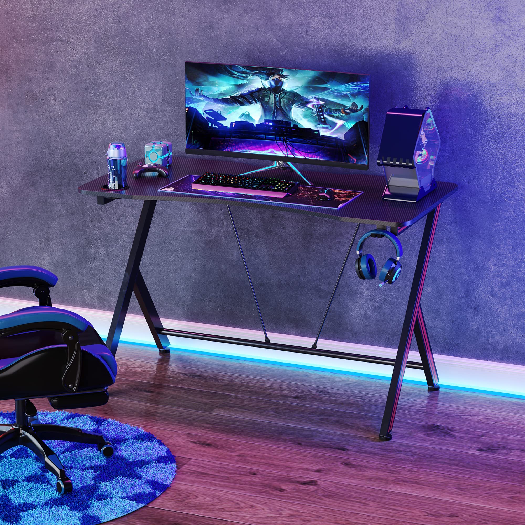 HOMCOM 41 inch Gaming Computer Desk with Cup Holder & Headphone Hook - Carbon Fiber Surface Home Office Workstation for PC Gaming & Study - Perfect for Small Spaces & Cable Management