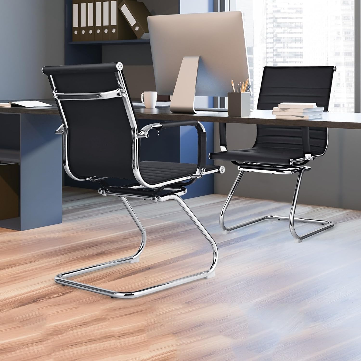 Powerstone Office Conference Room Chairs - Set of 2 No-Wheel Guest Chairs with Metal Sled Base, Mid Back PU Leather & Armrests - Black Reception Chairs for Meeting Rooms, Waiting Areas & Office Lobbies (Perfect for Corporate, Hotel & Clinic Settings)