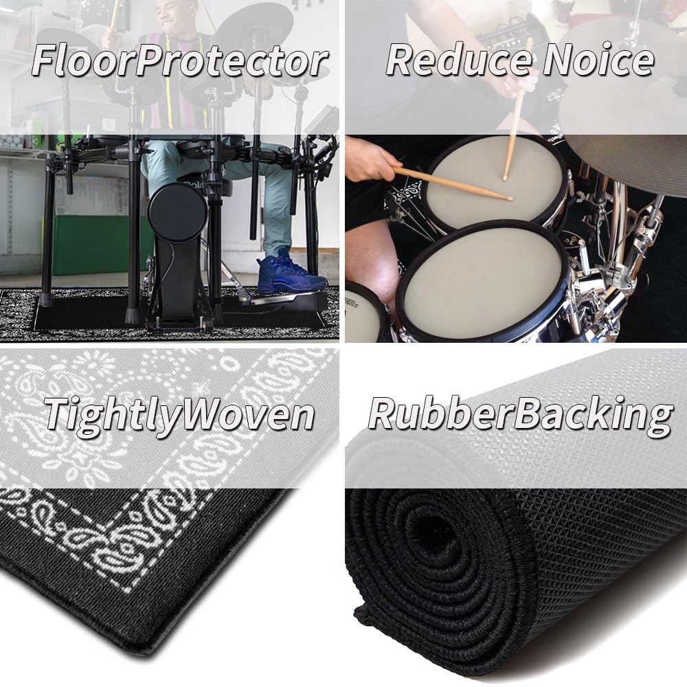 Aucuda 6x6.6ft Large Paisley Drum Rug - Non-Slip Woven Drum Mat for Electric Drum Sets - Perfect for Home Studio, Apartment & Outdoor Use - Soundproof & Crease-Free Drum Carpet Accessory