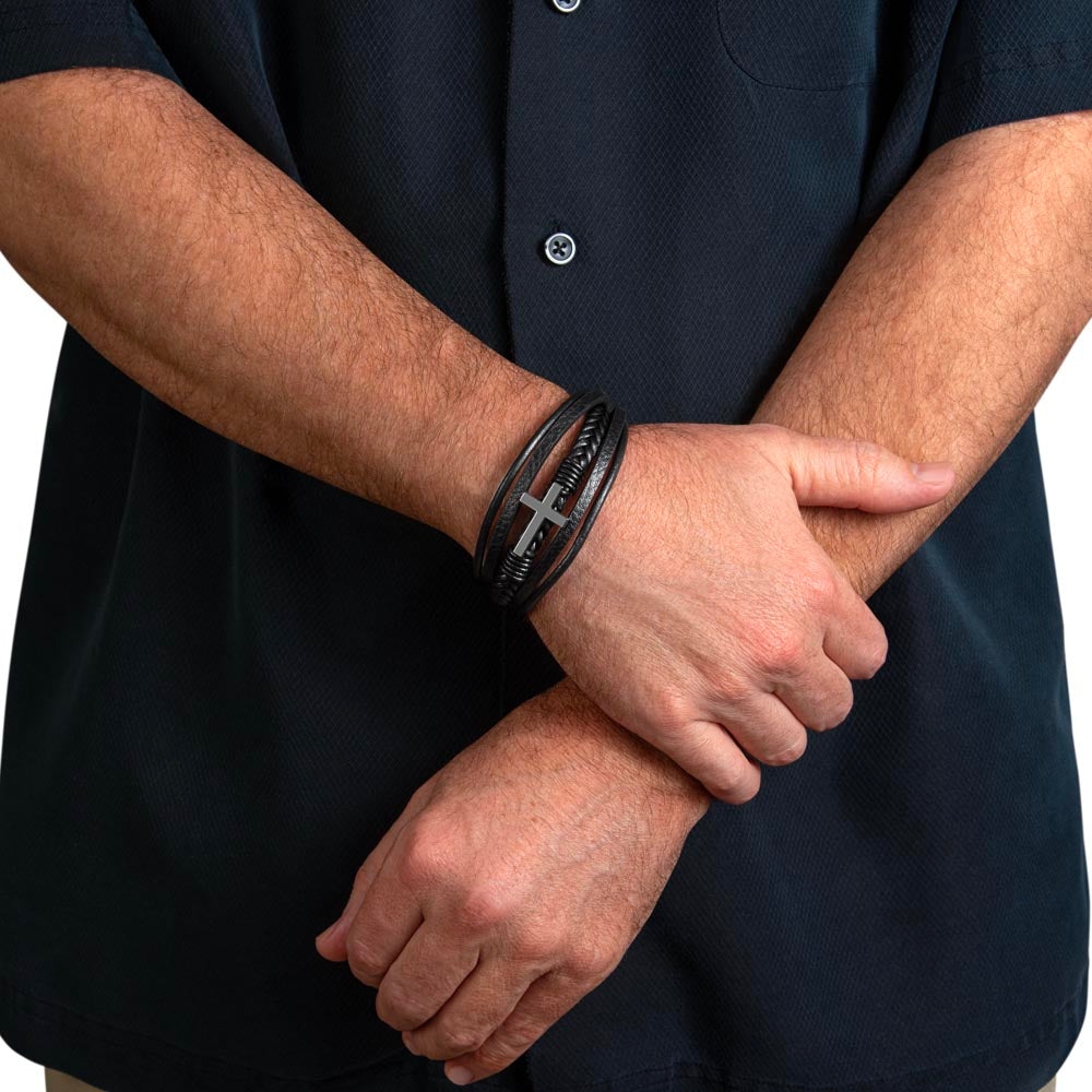 Men's Leather Bracelet with Cross Pendant - Thoughtful Gift for Dad, Father's Day, Birthday & Christmas | Religious Jewelry for Christian Men
