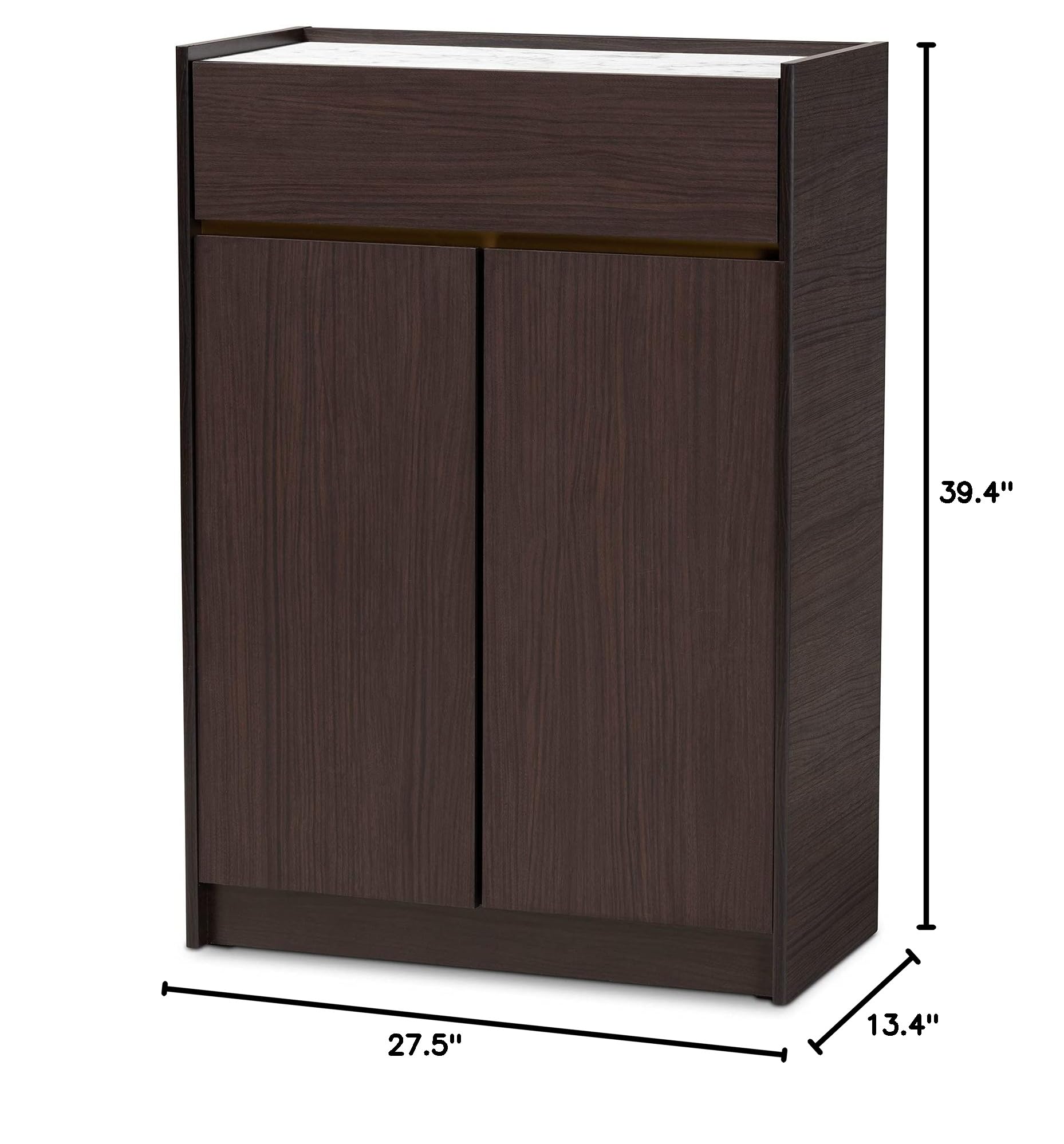Baxton Studio Walker Modern Shoe Cabinet - Dark Brown & Gold Wood with Faux Marble Top | Entryway Storage Organizer for Hallway, Bedroom & Closet