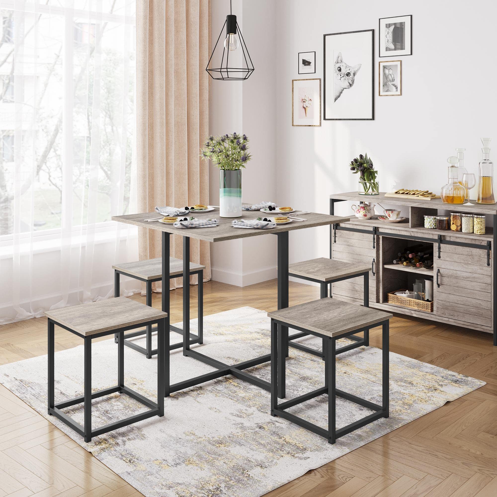 Yaheetech 4-Piece Industrial Dining Table Set with 4 Chairs - Space Saving Kitchen Table for Small Apartments, Breakfast Nook, Studio - Modern Gray Finish - Perfect for Compact Living Spaces & Cozy Meals