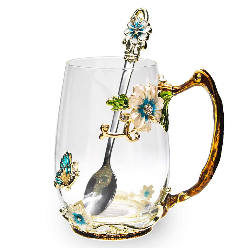 Handmade Enamel Tea Cup Glass Coffee Mugs (12 oz) with Spoon Set - Light Blue Tall - Perfect for Mother's Day, Birthday, Wedding Anniversary & Christmas Gifts for Women - Ideal for Tea, Coffee, Hot Chocolate & Dessert Serving at Home or Office