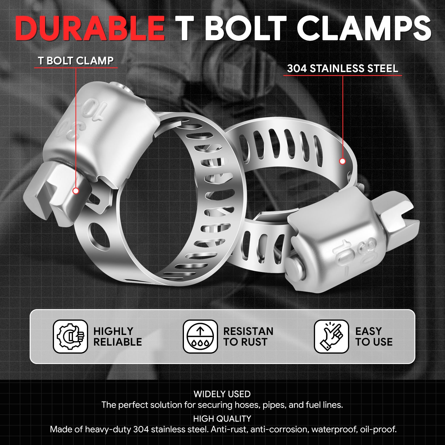 10Pcs Adjustable T-Bolt Clamps Pipe Hose Kit - 3/8