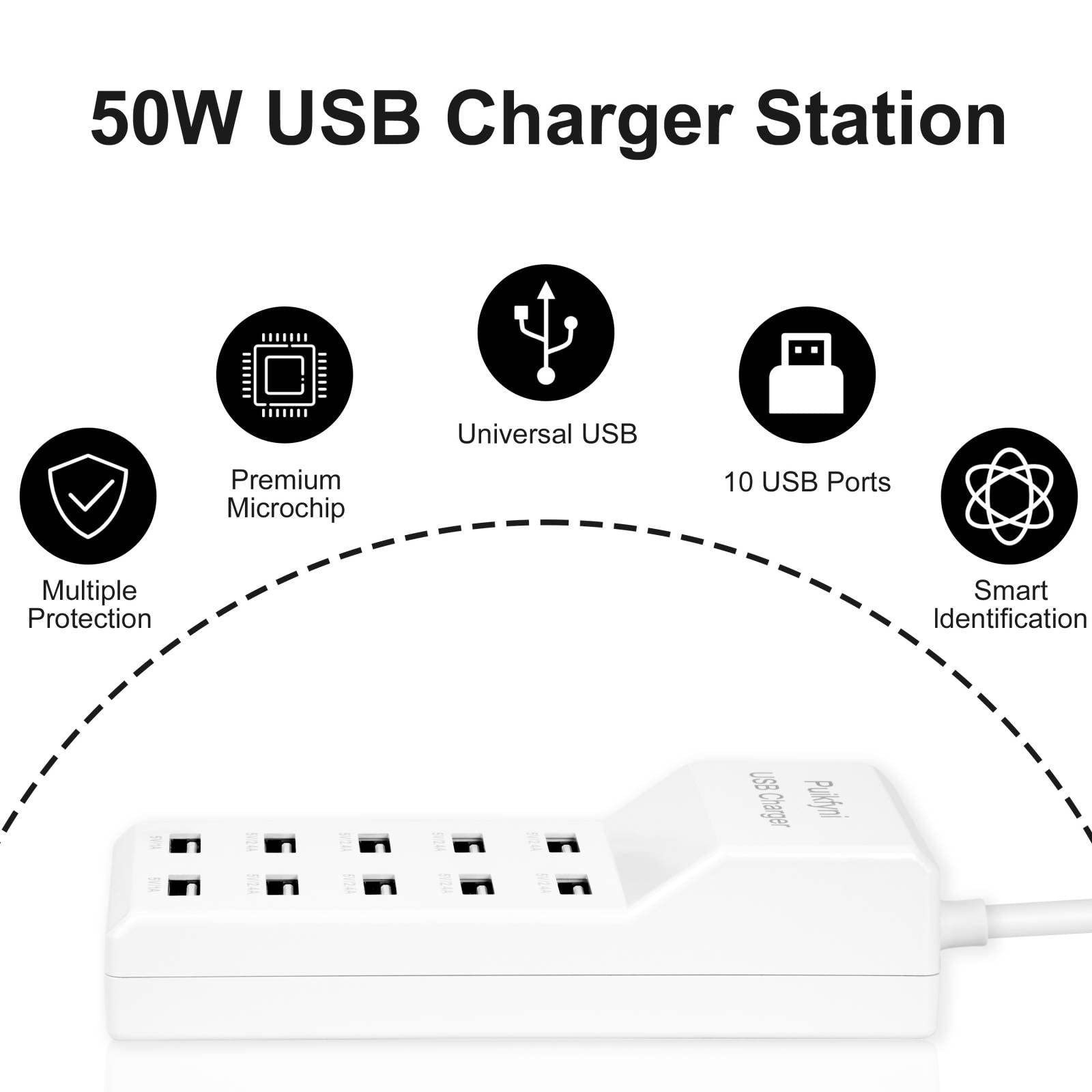 10-Port USB Charger Station - Fast Charging Hub for Multiple Devices - Smart USB Power Strip for Phones, Tablets, Smartwatches & More - White - Perfect for Home, Office & Travel Use