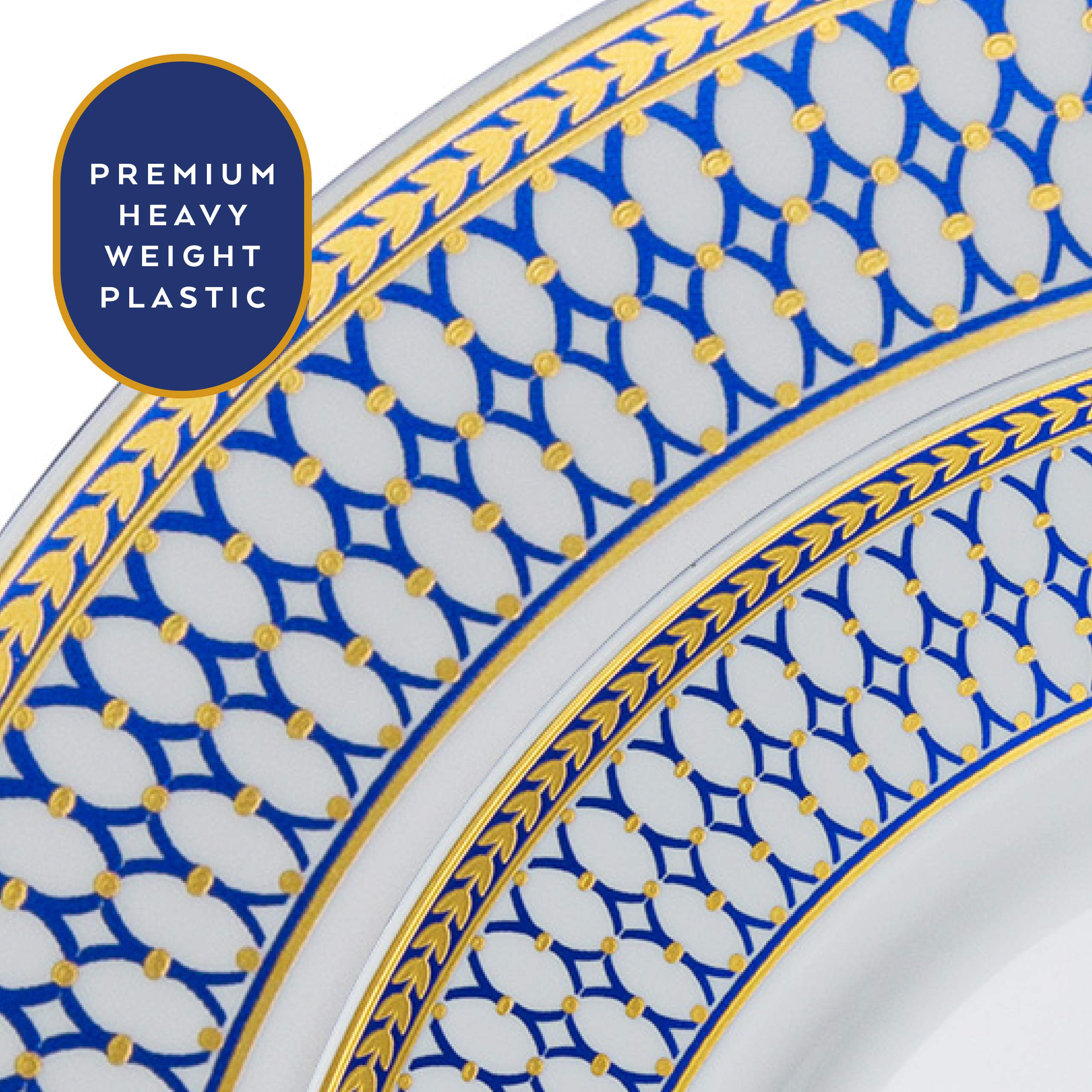 Laura Stein Elegant Disposable Plastic Dinnerware Set - 32 Piece White Wedding Bowls with Blue Rim & Gold Accents (16x12oz Soup Bowls + 16x5oz Dessert Bowls) | Perfect for Parties, Weddings, Catering & Special Events | Midnight Blue Collection
