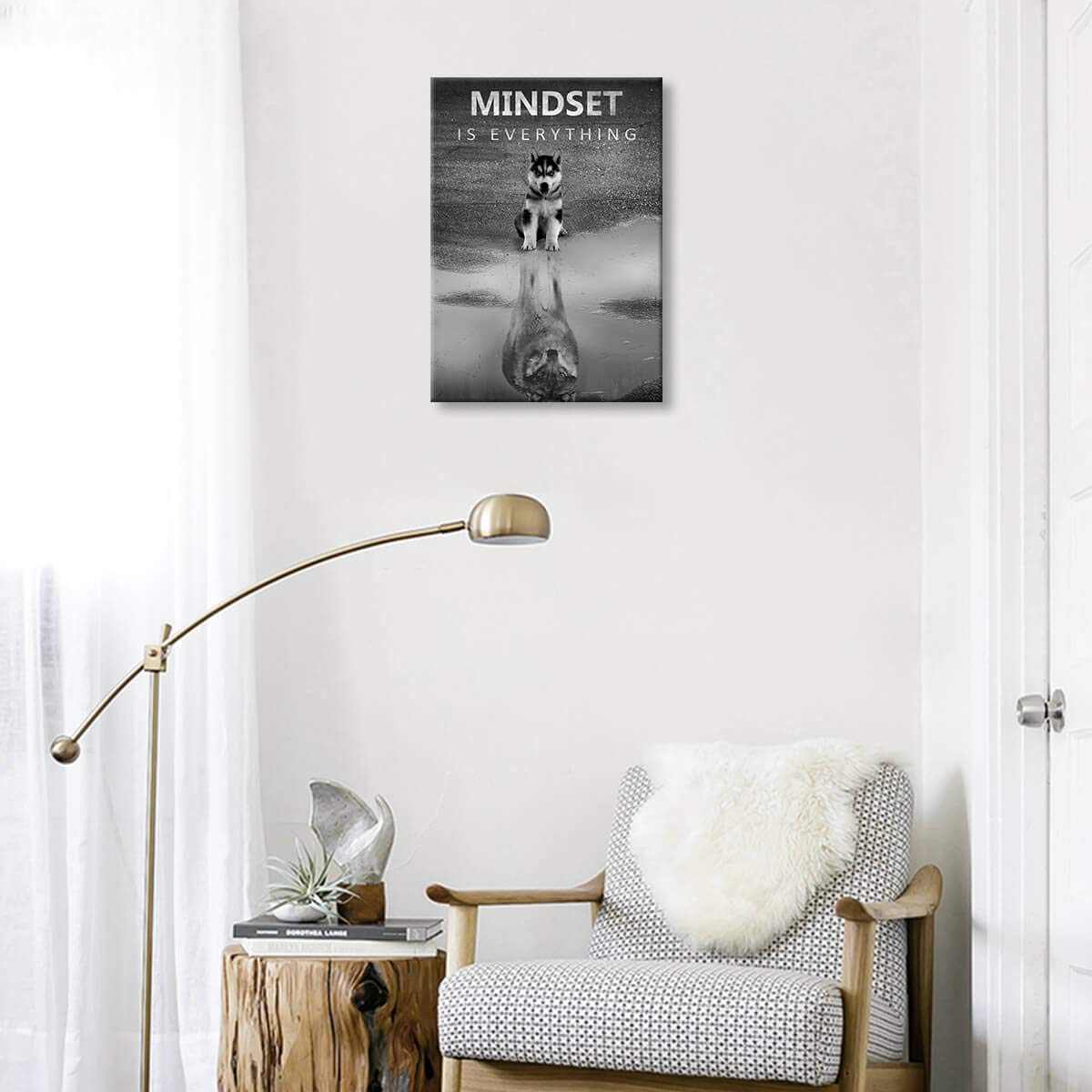 Modern Motivational Wall Art Canvas - Mindset is Everything Inspirational Office & Bedroom Decor (16x24 Inch Framed Black & White Wolf Motto Artwork) - Perfect for Home, Office & Gifts