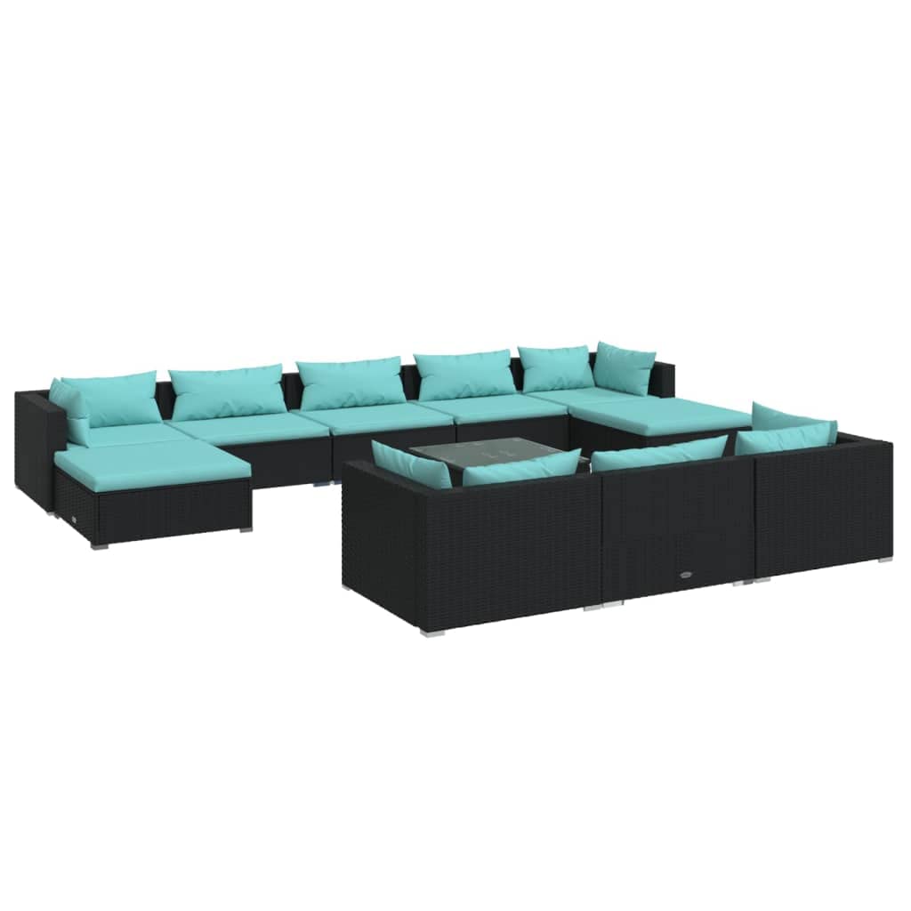 vidaXL 11-Piece Patio Lounge Set - Outdoor Garden Furniture Sectional Sofa with Cushions, Black Poly Rattan Corner Sofa for Backyard, Poolside & Patio Relaxation