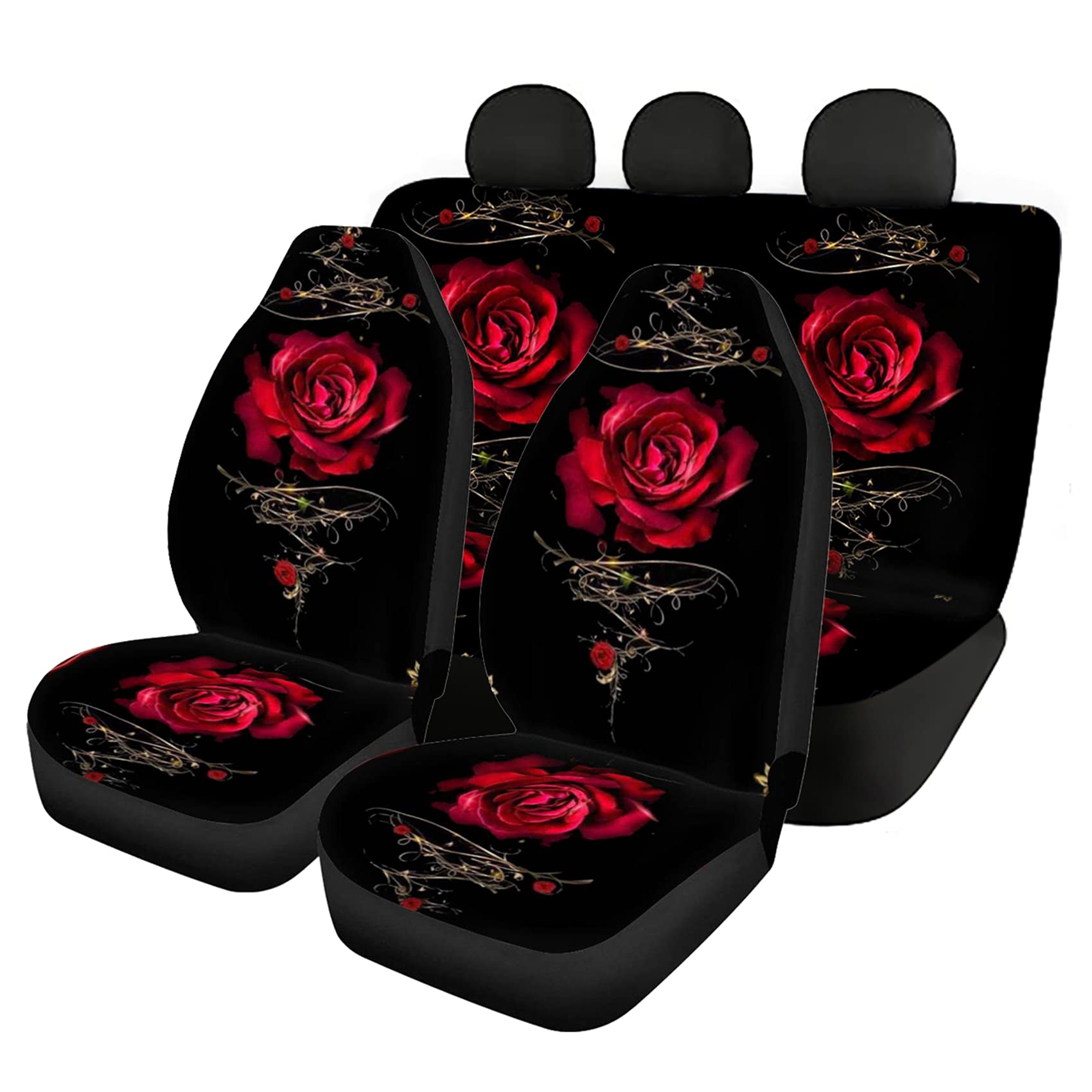 POLERO Red Rose Auto Seat Covers Set of 4 - Universal Fit for Front & Back Car Seats | Waterproof & Anti-Slip Car Seat Protectors for Sedans, SUVs, Trucks | Perfect for Daily Commute, Road Trips & Pet Protection