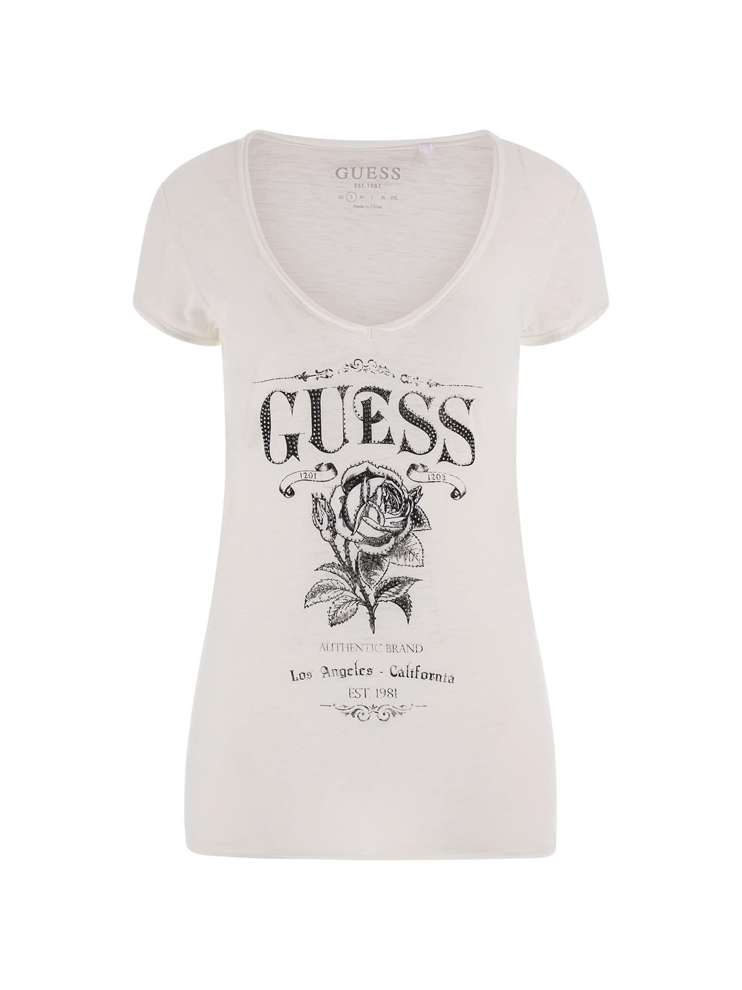 GUESS Women's Short Sleeve V-Neck T-Shirt with Rose Print - Casual Summer Top for Outfits, Dating & Vacation Wear