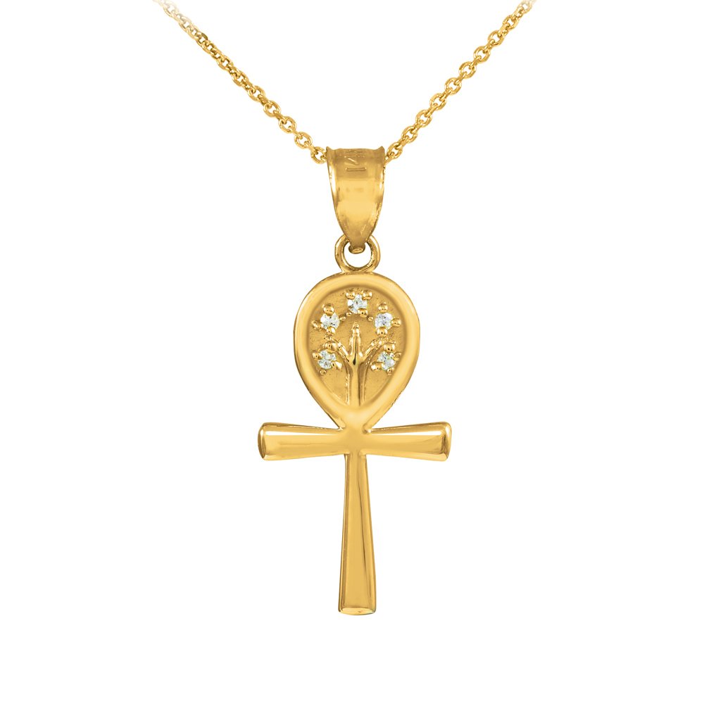10K Yellow Gold Ankh Cross Tree of Life CZ Pendant Necklace for Women - Spiritual Jewelry Gift for Birthday, Christmas & Everyday Wear