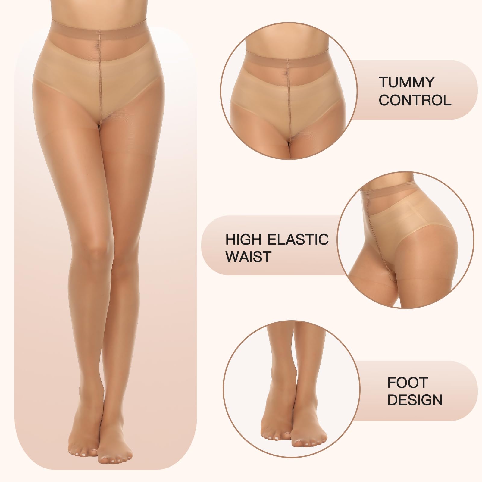 MANZI 6 Pairs 20D Women's Sheer Tights - Ultra Thin High Waist Pantyhose & Thigh Stockings for Everyday Wear, Office, Party & Special Occasions