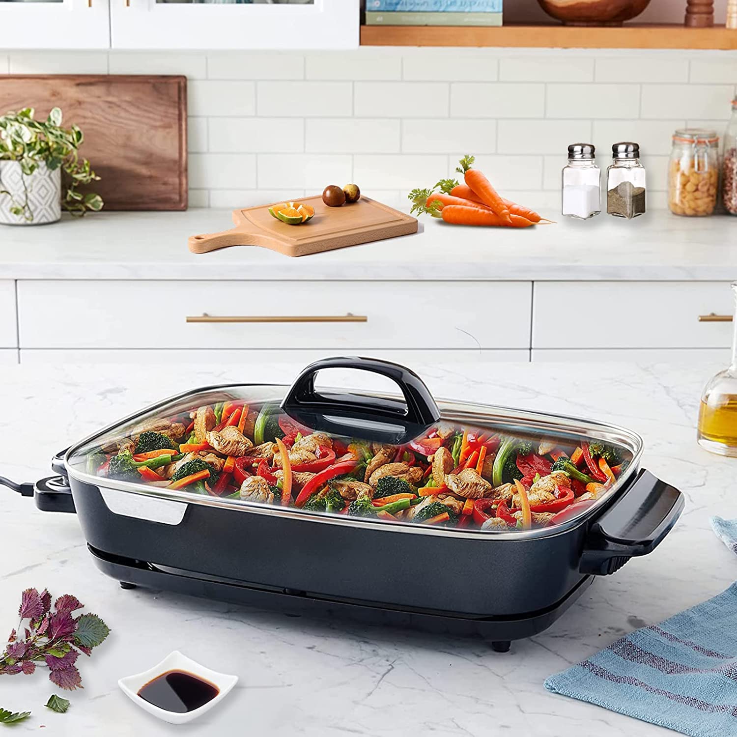 16 Inch Nonstick Electric Skillet with Glass Lid - Large Family Size Electric Frying Pan for Cooking, Stir Frying & Sauteing - Perfect for Home Kitchen, Camping & Dorm Use