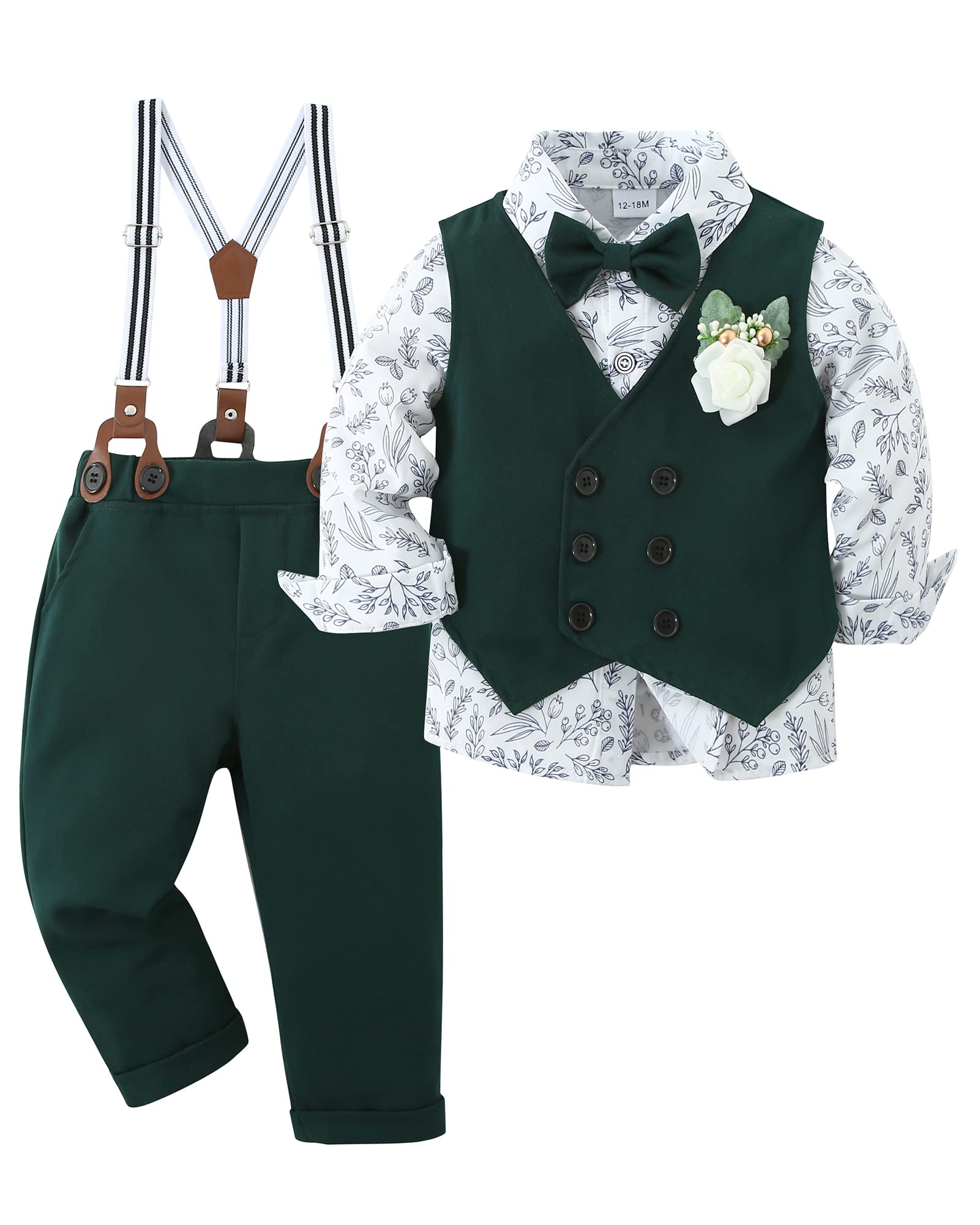 YALLET Toddler Baby Boy Formal Suit Set - Wedding Outfit with Dress Shirt, Bow Tie, Vest, Boutonniere & Suspenders | Perfect for Weddings, Christenings & Special Occasions