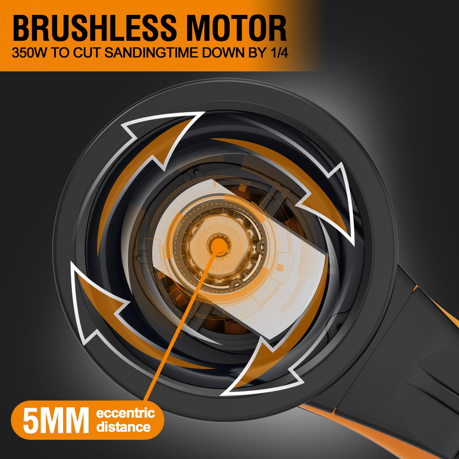 MAXXT Electric 5mm Random Orbital Sander with Brushless Motor - 5 & 6 Inch Sanding Pads, Central Vacuum System - Ideal for Woodworking, Primary Wood & Panel Processing (Orange) - Perfect for DIY Projects, Furniture Refinishing & Surface Preparation