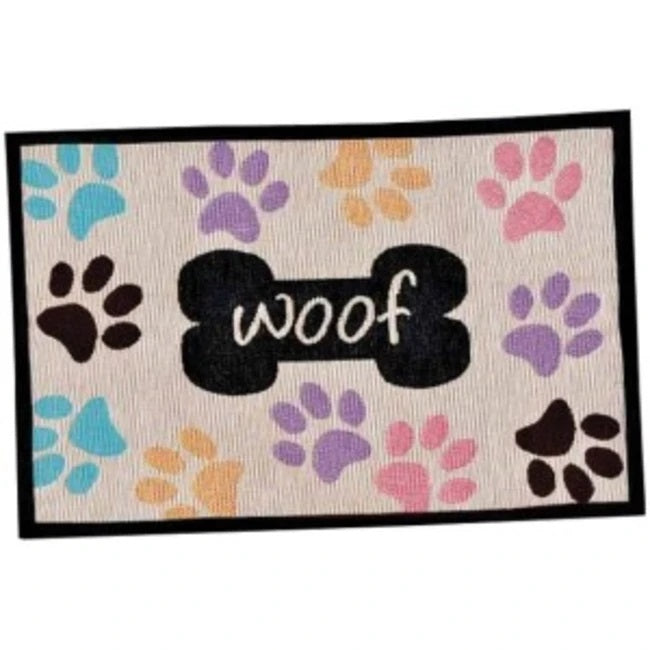 Woof with Multi Paws Fashion Mat - Non-Slip Pet Feeding Mat for Dogs & Cats, Waterproof Easy Clean Floor Mat for Food & Water Bowls - Perfect for Kitchen, Laundry Room or Pet Feeding Area