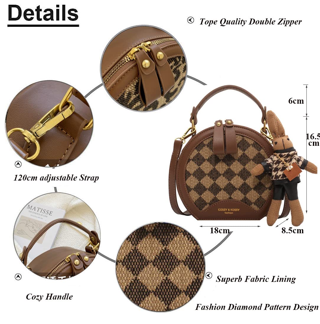 RTGGSEL Women's Quilted Lattice Crossbody Shoulder Bag - Small Square Tote Satchel Purse with Bunny Doll Pendant | Fashion Accessory for Daily Use, Shopping & Travel