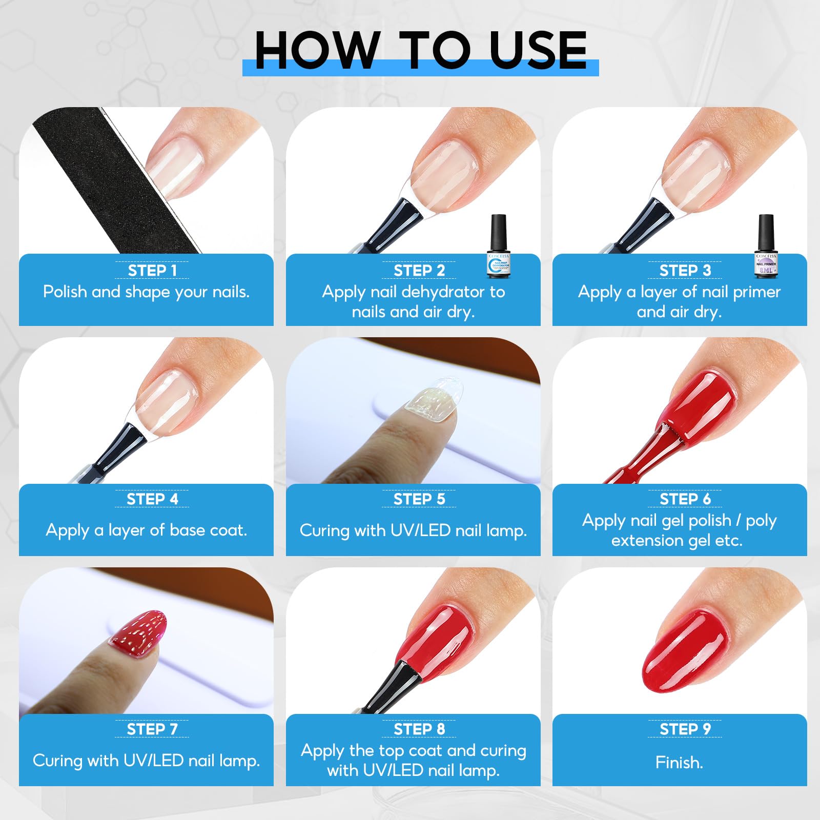 COSCELIA Acid-Free Nail Primer & Dehydrator - 10ml Nail Prep Solution with Cleansing Wipes for Gel Polish - Perfect for Salon, Home Manicures & DIY Nail Art