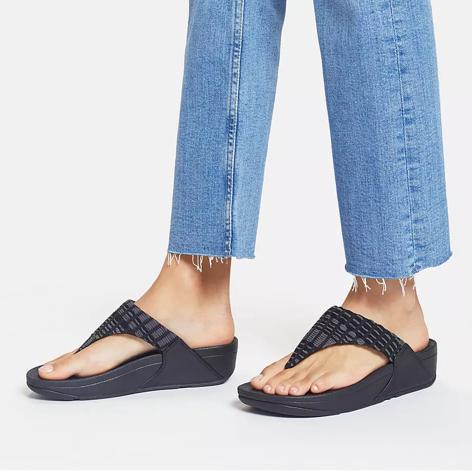 FITFLOP LULU ART DENIM TOE POST SANDAL - Women's Comfortable Slide Sandals with Arch Support | Perfect for Beach, Pool, and Summer Casual Wear