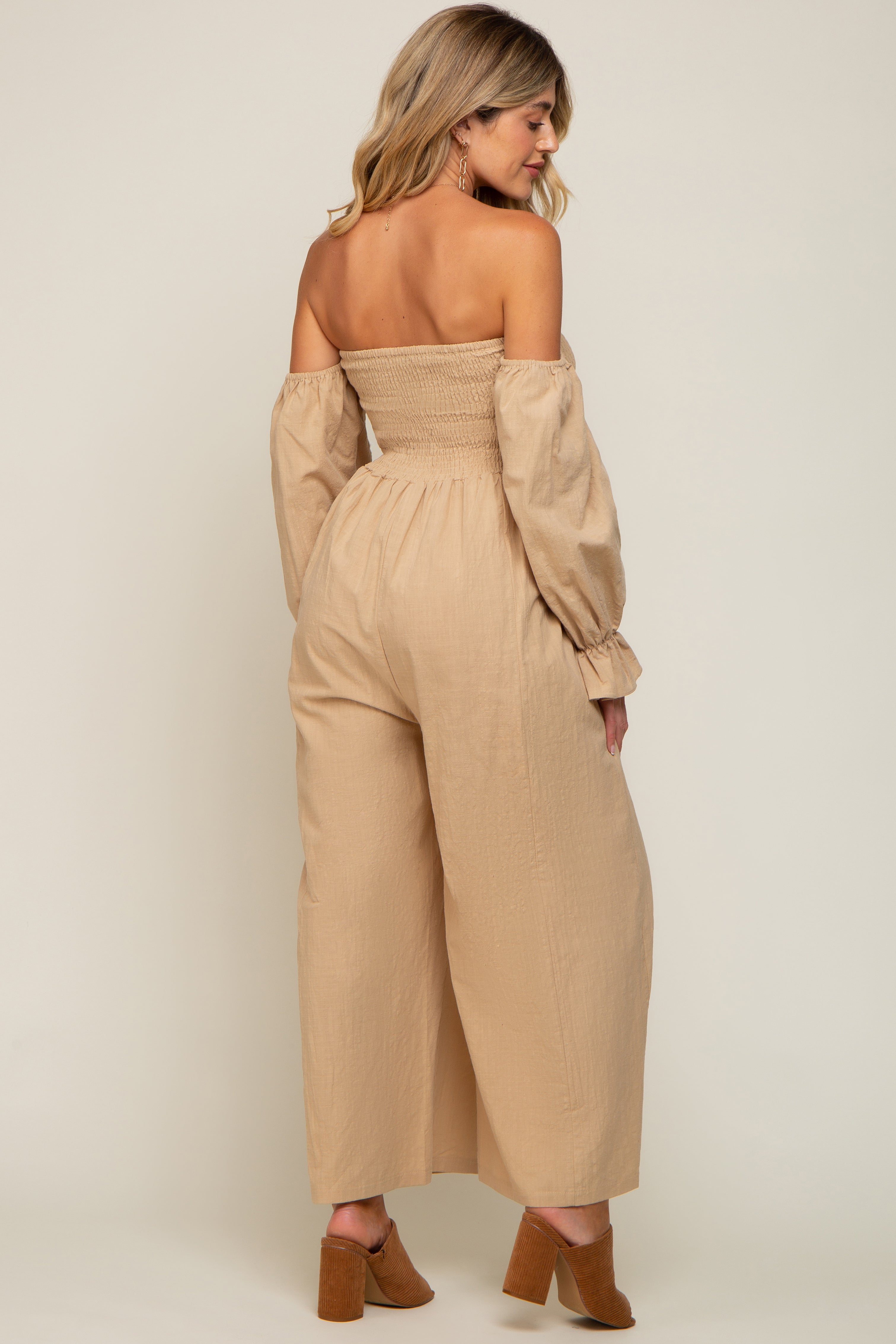 Beige Linen Smocked Off Shoulder Wide Leg Maternity Jumpsuit for Women - Comfortable Pregnancy Outfit for Summer, Beach, and Maternity Photoshoots