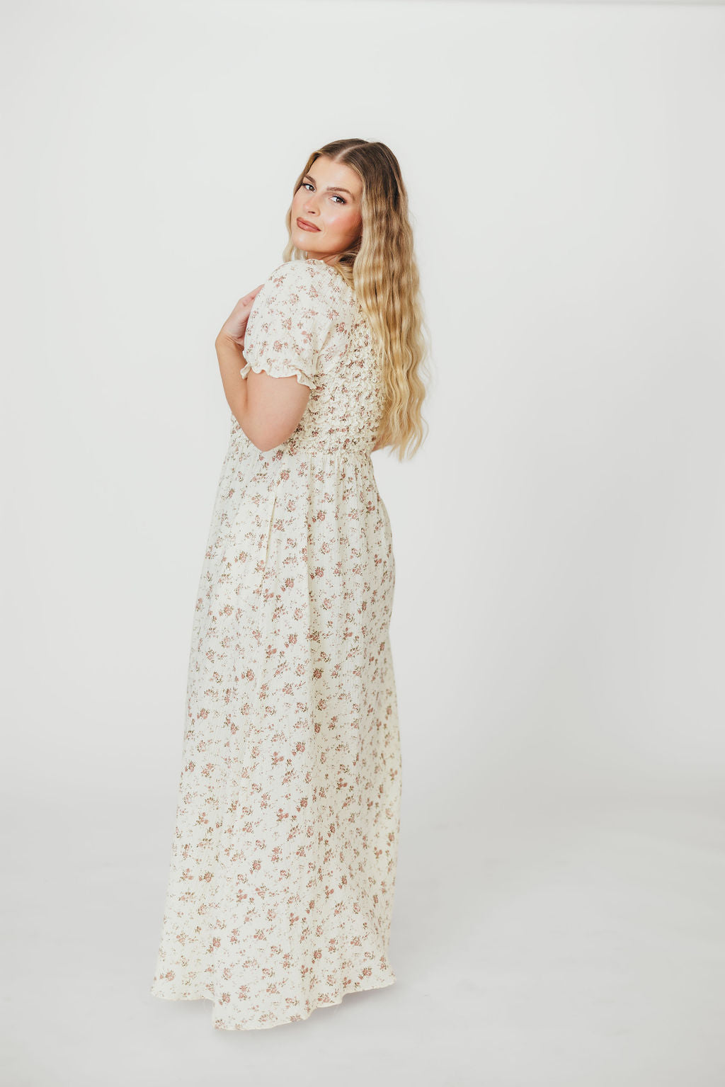 Emilia 100% Cotton Smocked Maxi Dress - Ivory/Mauve Floral Print, Bump Friendly Maternity Dress for Women | Perfect for Beach Vacations, Summer Weddings & Casual Outings