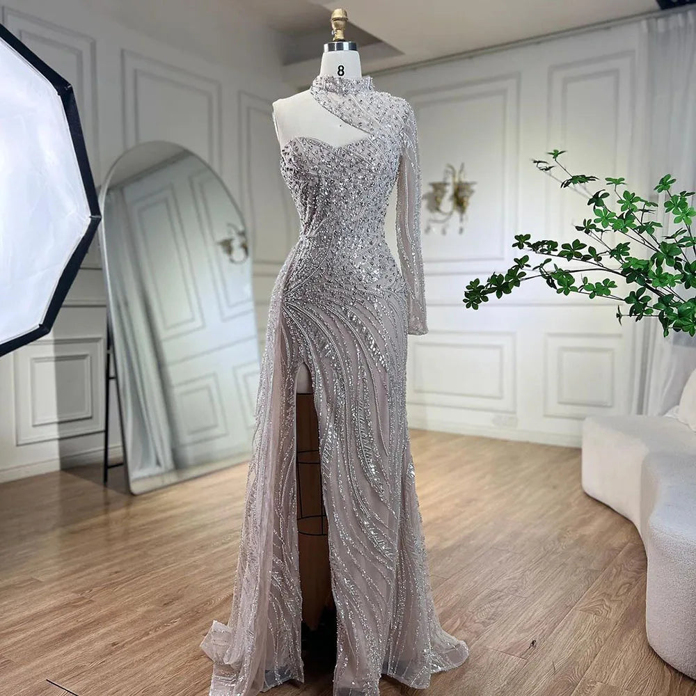 Elegant White Arabic Mermaid Evening Gown with Beaded One-Shoulder Design - Luxury Party Dress for Women 2025 | Perfect for Prom, Gala & Formal Events - LA72196