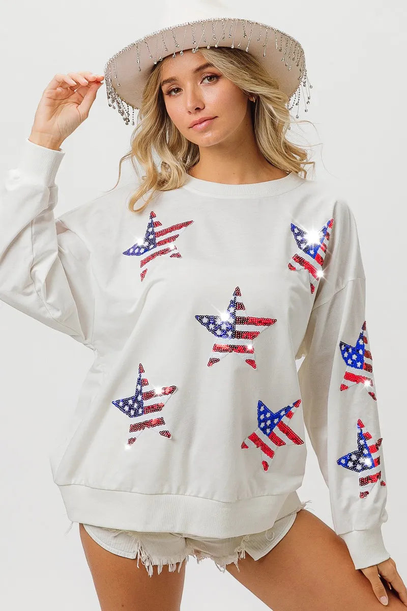 BiBi American Flag Sequin Star Sweatshirt - Patriotic Pullover with Sparkling Stars | Perfect for 4th of July, Veterans Day & USA Themed Parties