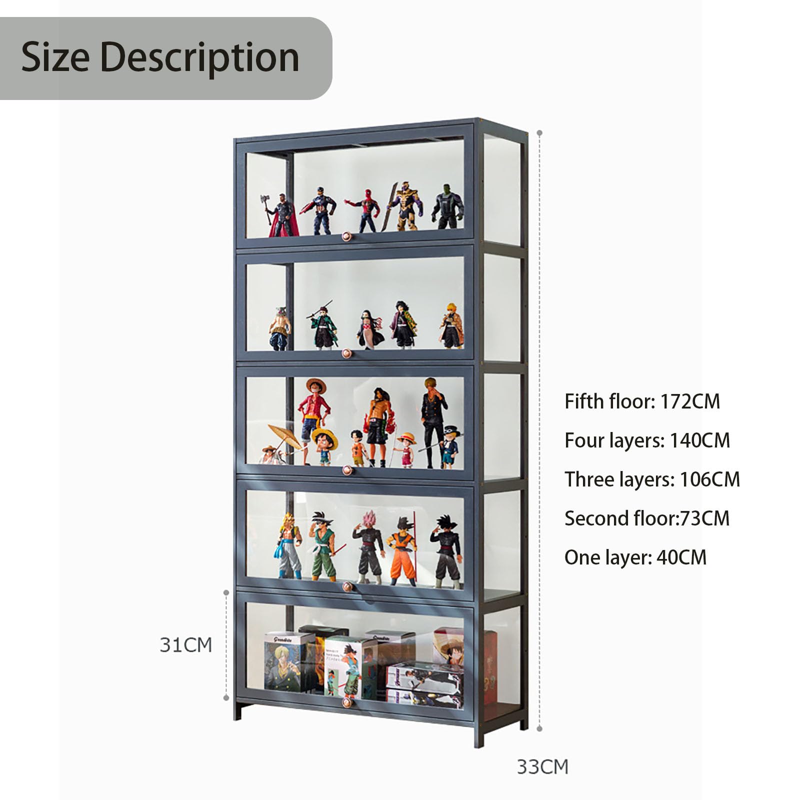 Gray Glass Curio Display Cabinet with Acrylic Door - 80x106cm Large Collectibles Organizer Shelf for Toys, Figurines & Memorabilia - Perfect for Living Room, Office or Game Room Display
