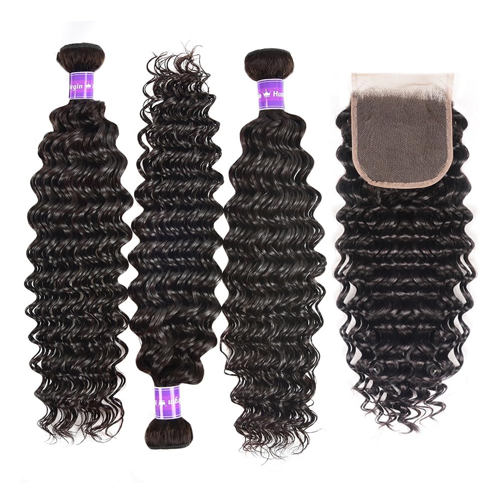 100% Brazilian Virgin Human Hair Bundles with Lace Closure - 3 Bundles Deep Curly/Deep Wave Weave (16 18 20+14 Inch, Free Part) - Natural Color for Black Women | Perfect for Protective Styles, Wig Making & Everyday Wear