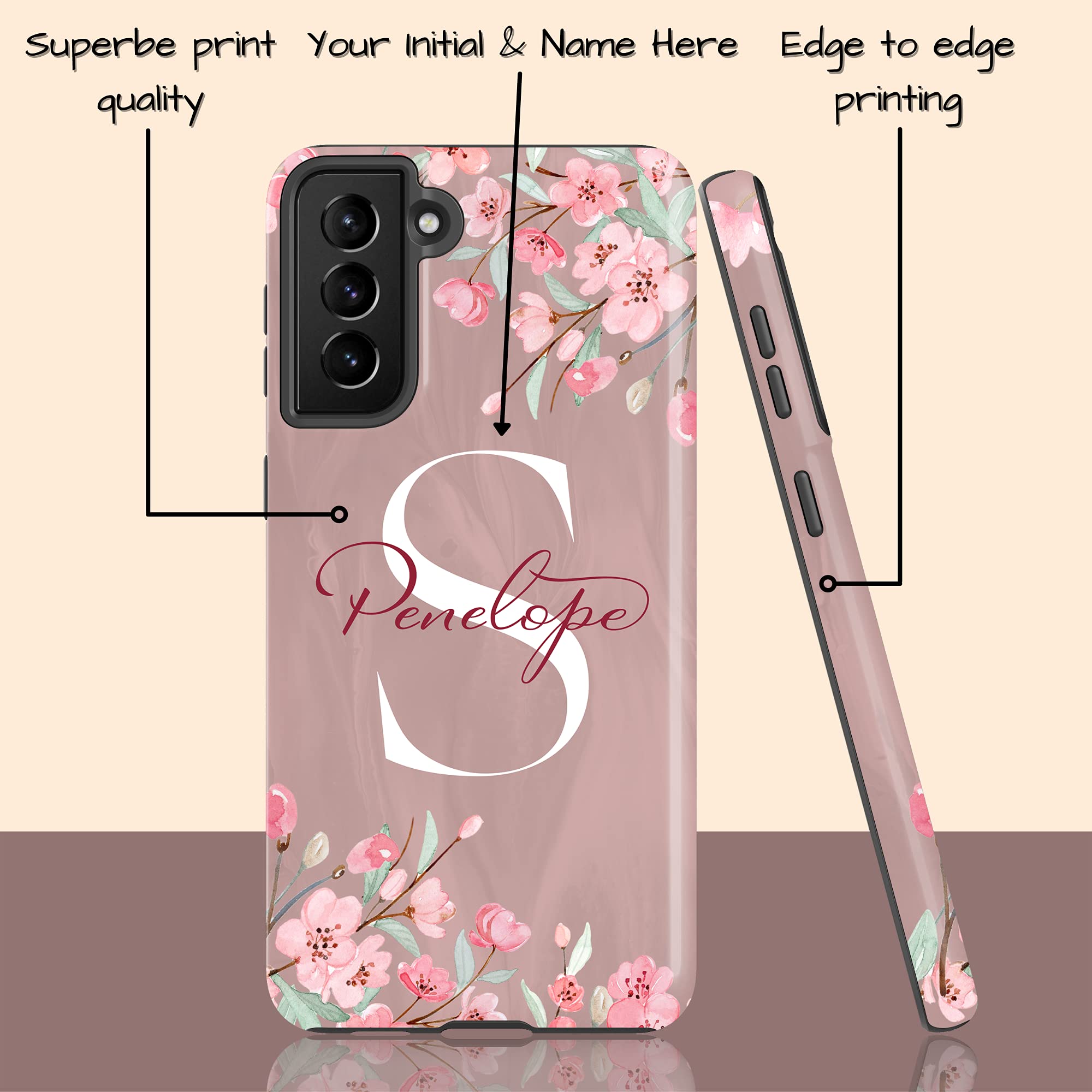 Custom Cherry Blossom Monogram Phone Case - Personalized Name Initial Cover for Samsung Galaxy S25 Plus/S24 Ultra/S23/S22/S21/S20/S10/S9/S8/Note 20/10 - Perfect Gift for Women, Girls & Teens (Floral Design, Slim Fit Protection) - Ideal for Everyday Use, Travel & Special Occasions