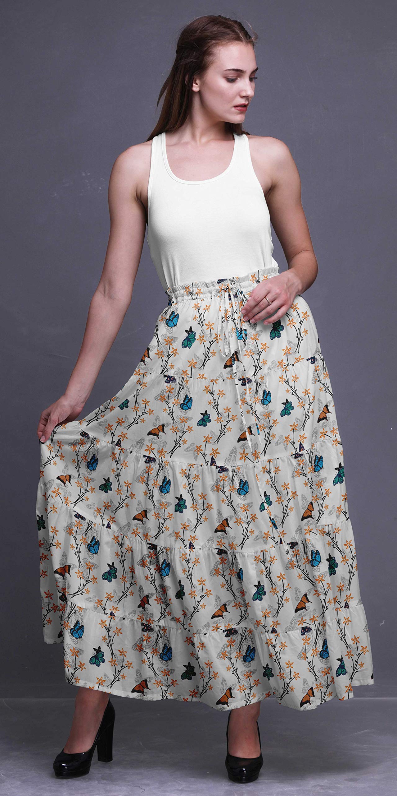 Bimba Printed Long 5-Tier Cotton Skirt for Women - Boho Style Maxi Skirt for Summer, Beach, and Casual Outfits