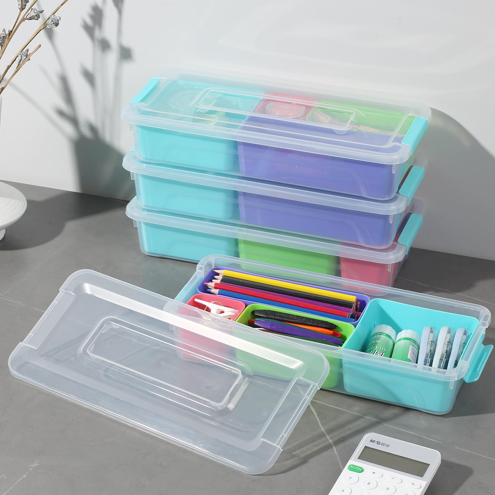 Novelinks 4 QT Clear Plastic Storage Box with 4 Removable Compartments & Lid - Craft Organizer Container (2 Pack) - Perfect for DIY Supplies, Office Organization & Home Storage Solutions
