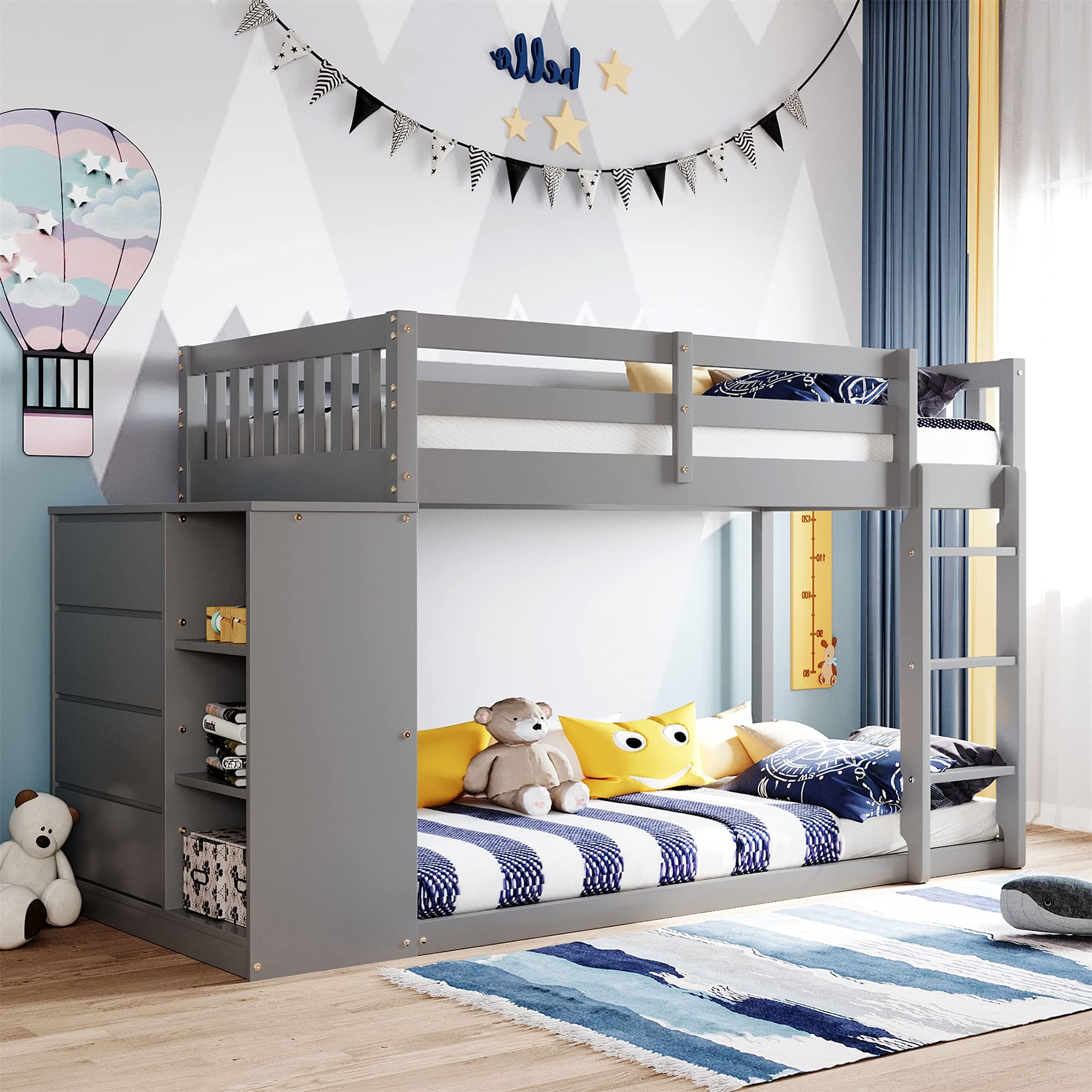 MERITLINE Twin Over Twin Bunk Bed with Storage Drawers & Shelves, Solid Wood Low Loft Bed Frame for Kids - Boys & Girls Bedroom Furniture (Gray) - Perfect for Small Spaces, Shared Rooms & Sleepovers