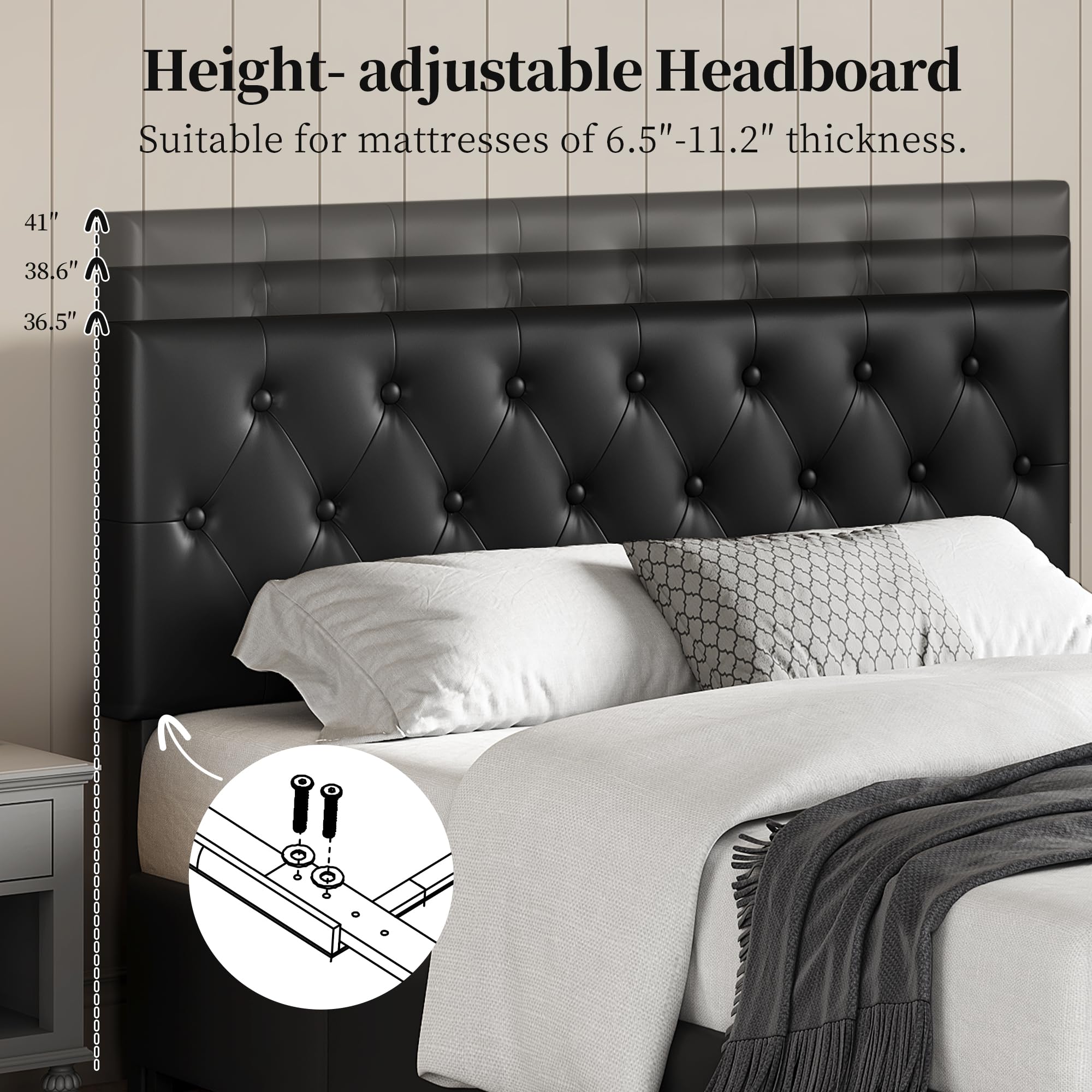 Yaheetech Queen Upholstered Bed Frame with Adjustable Diamond Button-Tufted Headboard & 3 Storage Drawers - Sturdy Wooden Slats Platform Bed - Black - Perfect for Small Bedrooms & Guest Rooms