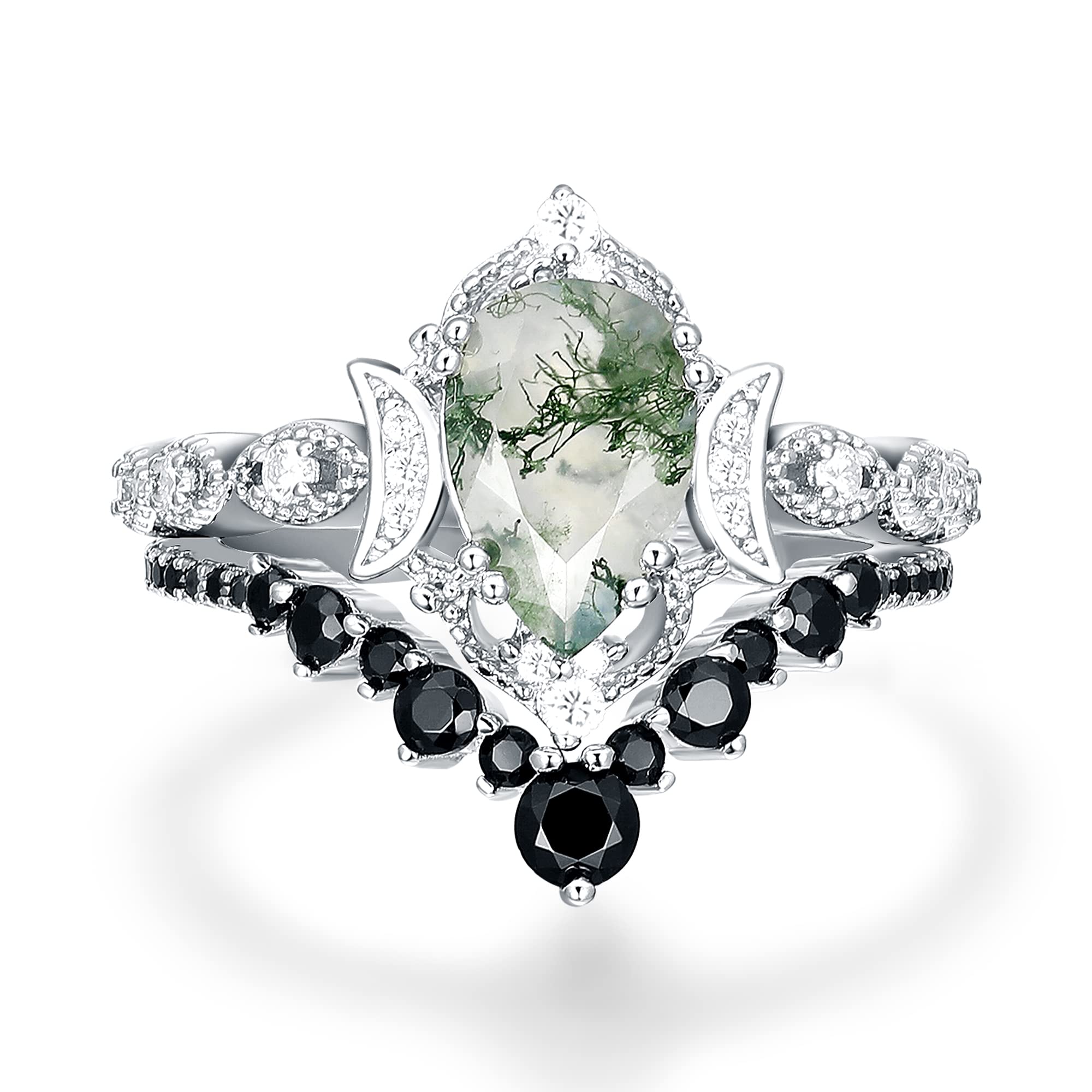 1.50 Carat Pear Cut Moissanite & Moss Agate Bridal Ring Set - Vintage Art Deco Wedding Jewelry with Milgrain Floral Half Eternity Engagement Ring & Black Spinel Band - 925 Sterling Silver Platinum Plated - Perfect for Anniversaries, Proposals & Special Occasions - Elegant Gift for Women, Brides & Fiancées